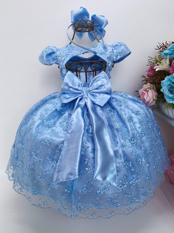 Vestido Infantil Realeza Renda Azul Claro Festas Luxo - Rosa Charmosa  Atacado