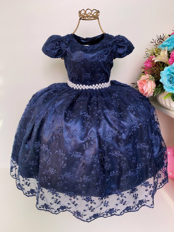 Vestido Infantil Realeza Renda Azul Escuro Festas Luxo