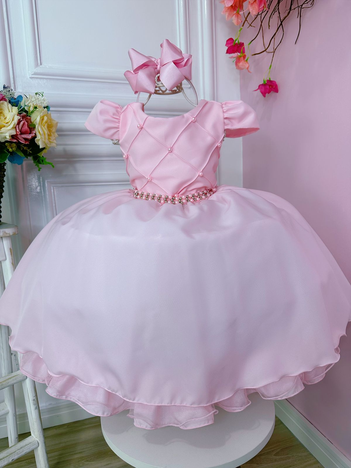 Vestido Infantil Rosa Daminhas C/ Cinto de Pérolas