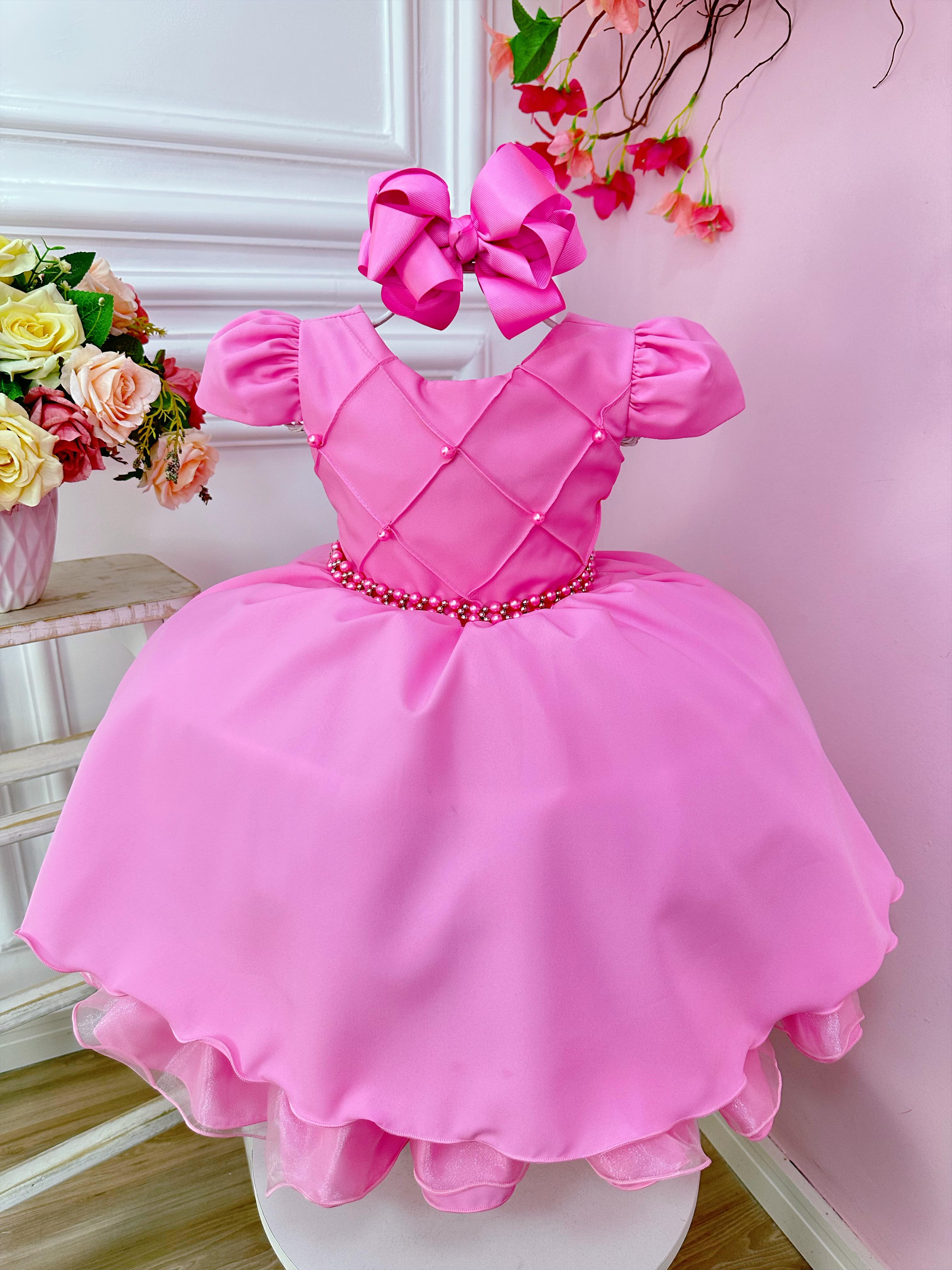 Vestido Infantil Rosa C/ Cinto de Pérolas Casamento Luxo