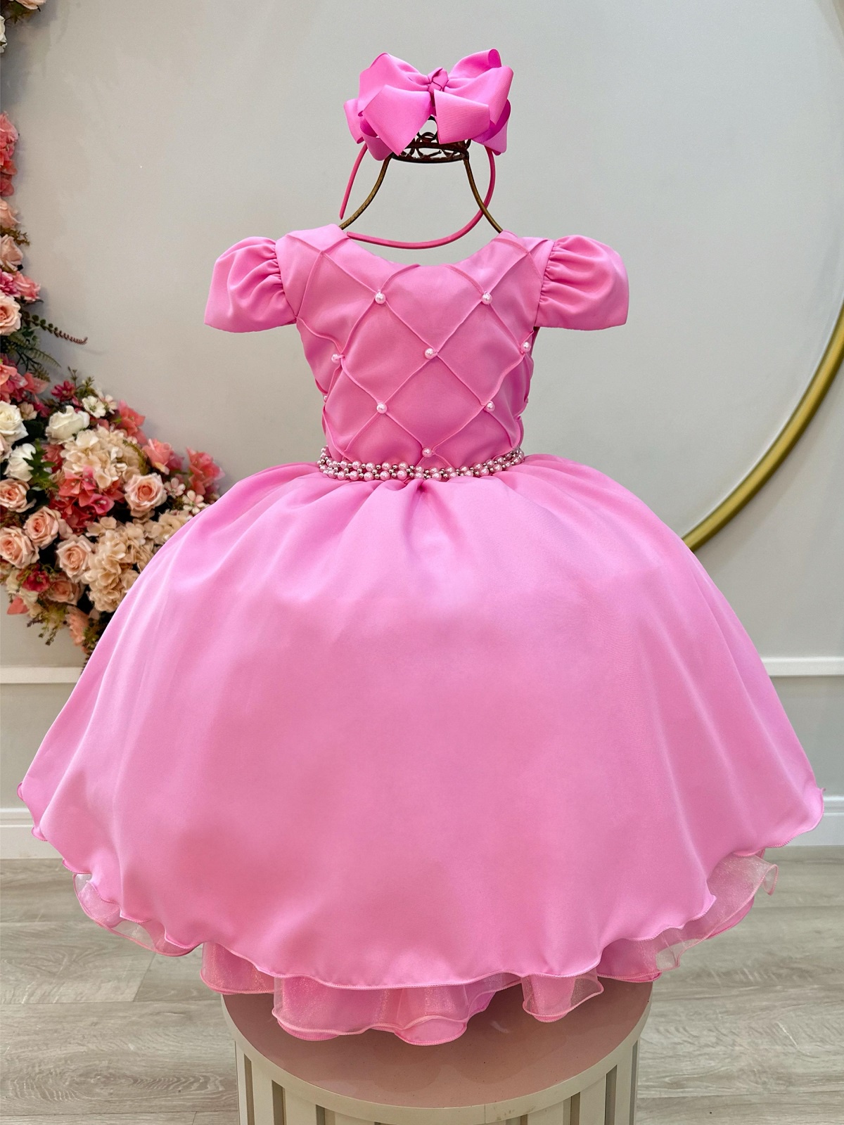 Vestido Infantil Rosa C/ Cinto de Pérolas Casamento Luxo