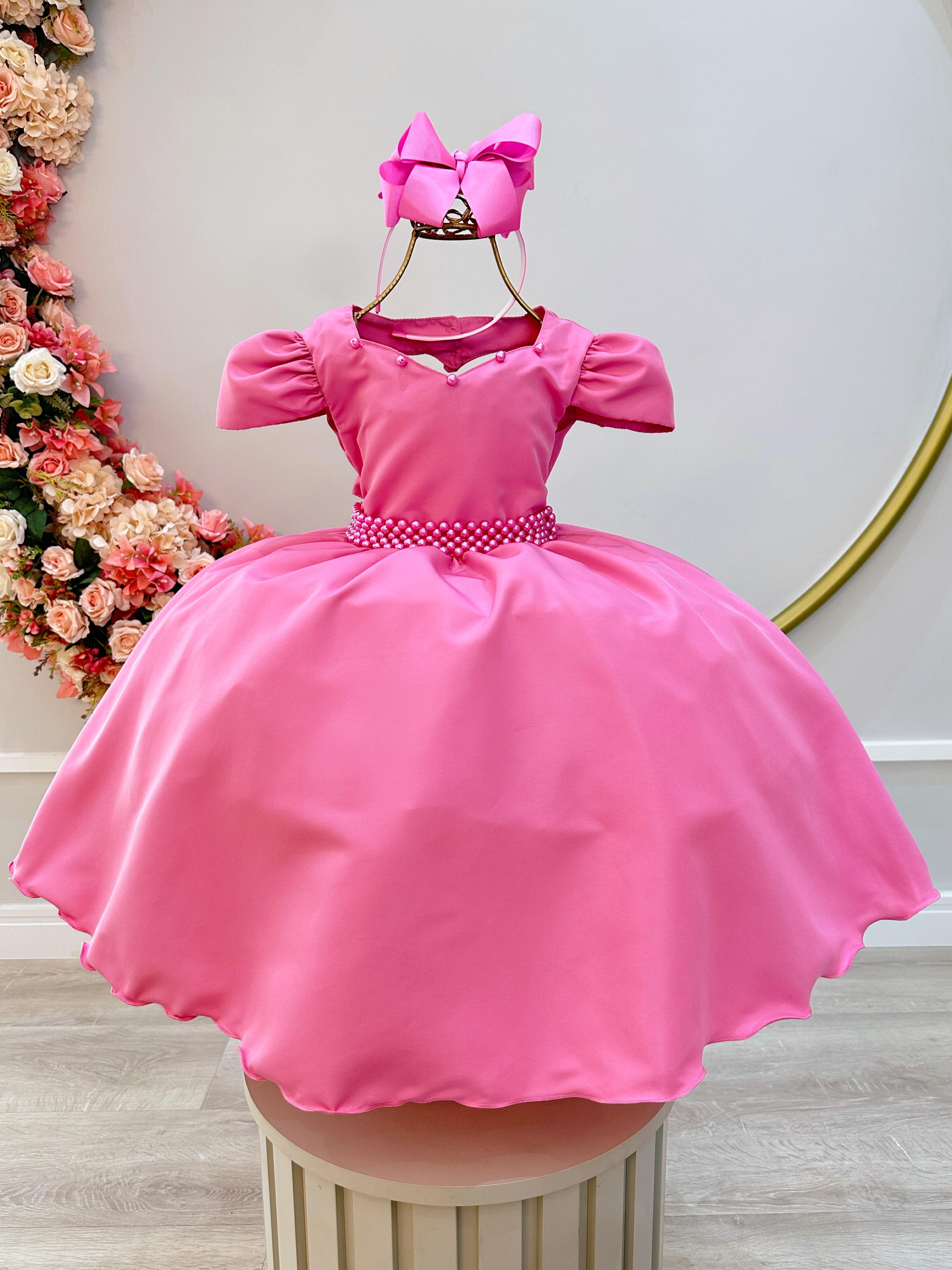 Vestido Infantil Rosa C/ Cinto de Pérolas Daminhas Luxo