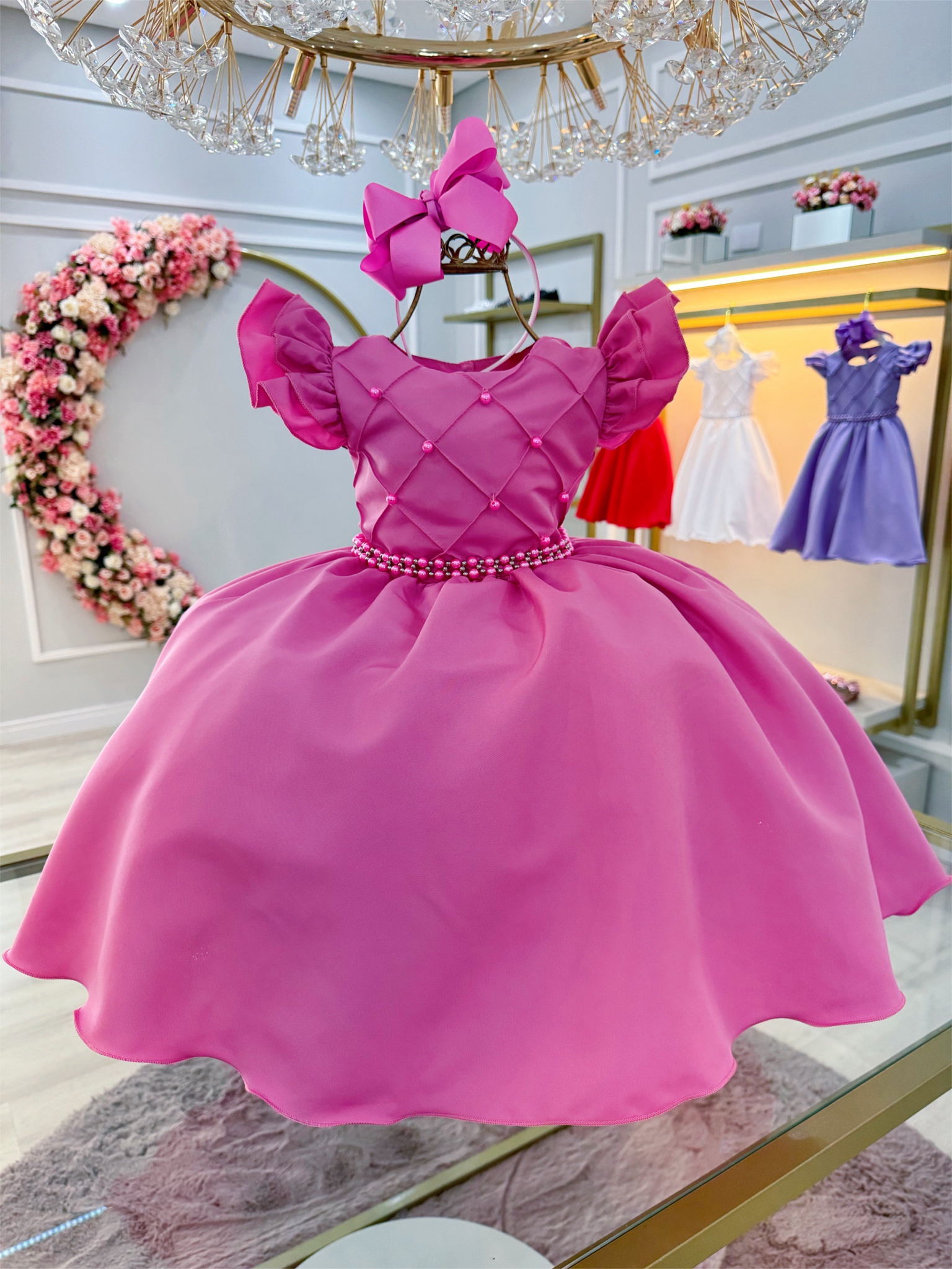 Vestido Infantil Rosa Chiclete Busto C/ Pérolas Nervura