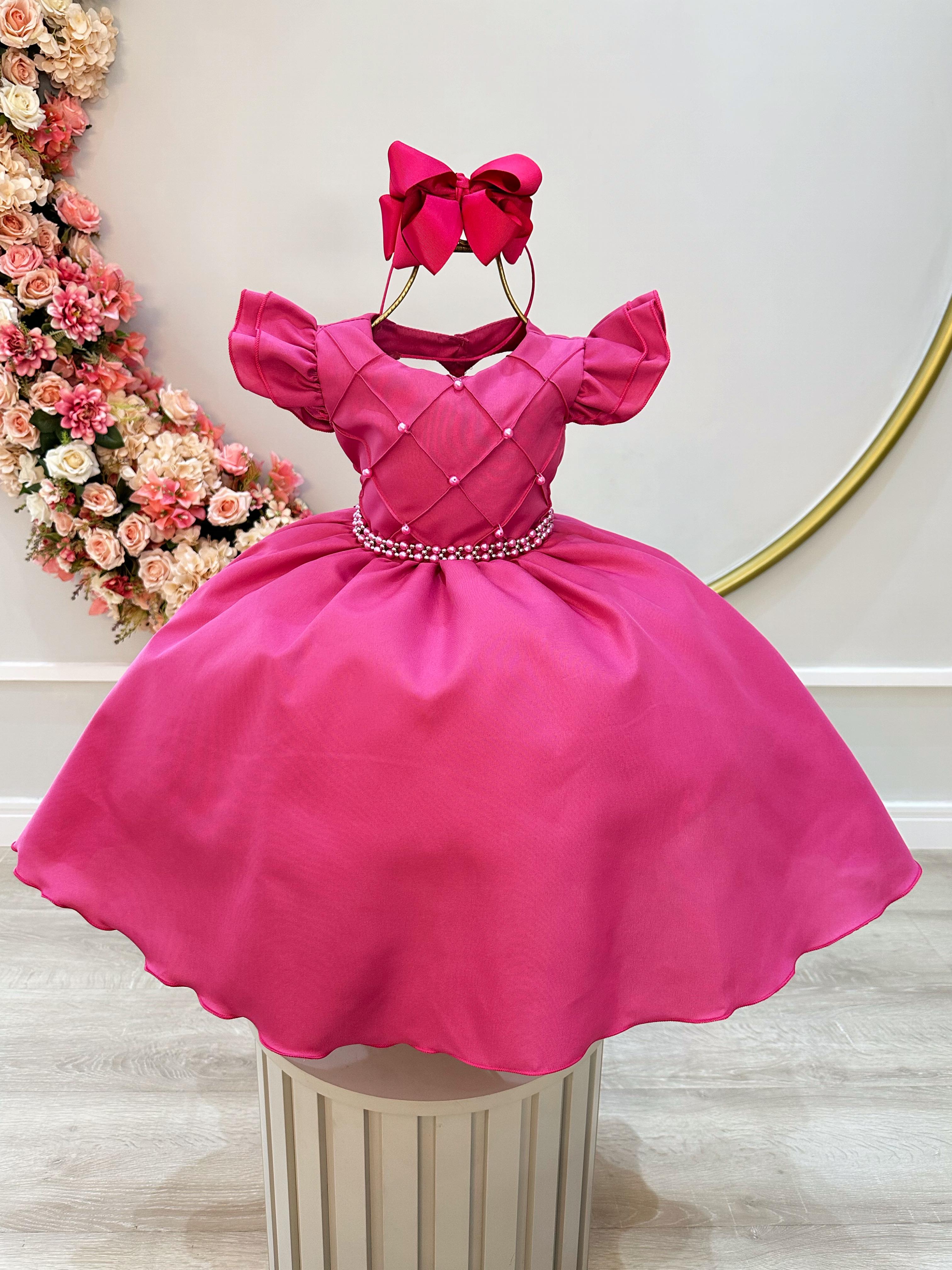 Vestido Infantil Rosa Escuro Busto Nervura C/ Pérolas Festas