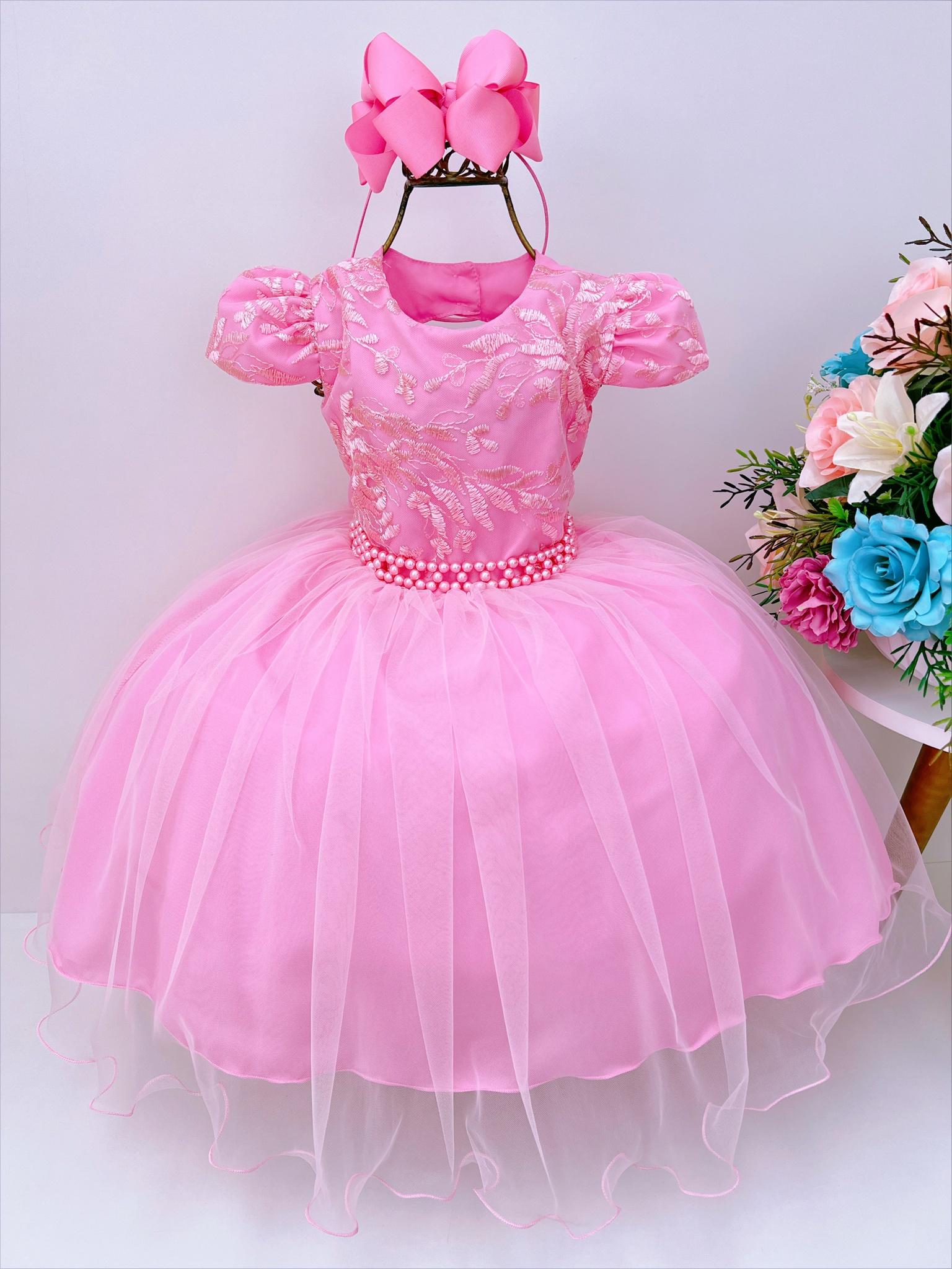 Vestido Infantil Rosa Chiclete C/ Renda e Cinto de Pérolas