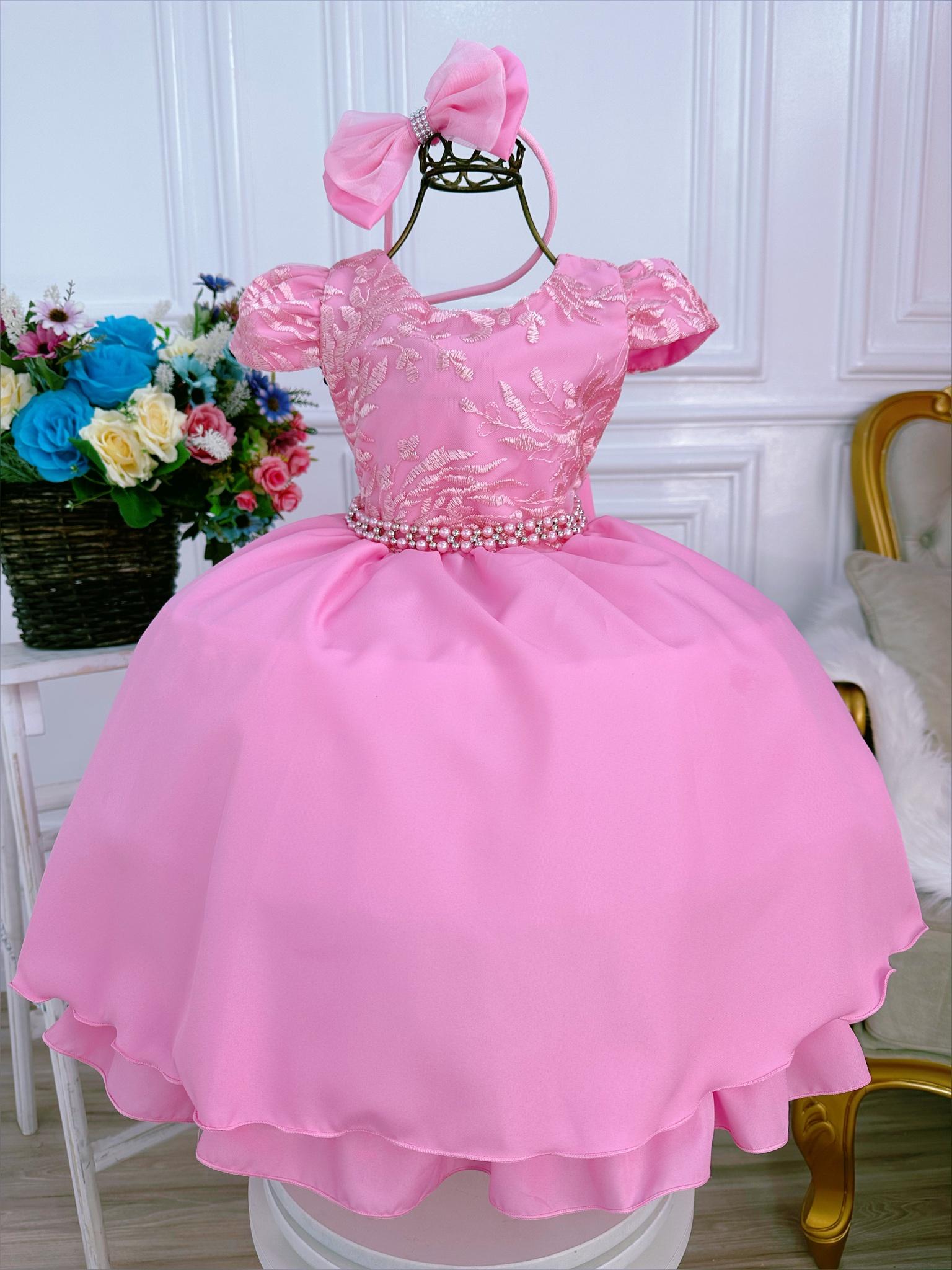 Vestido Infantil Rosa Chiclete Renda C/ Pérolas Damas Tiara