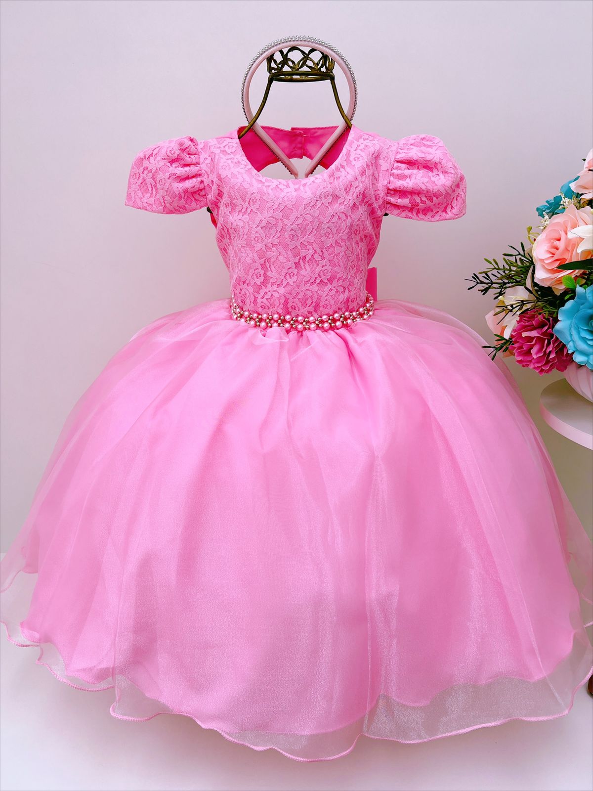 Vestido Infantil Rosa Chiclete Renda Cinto Pérolas Tiara