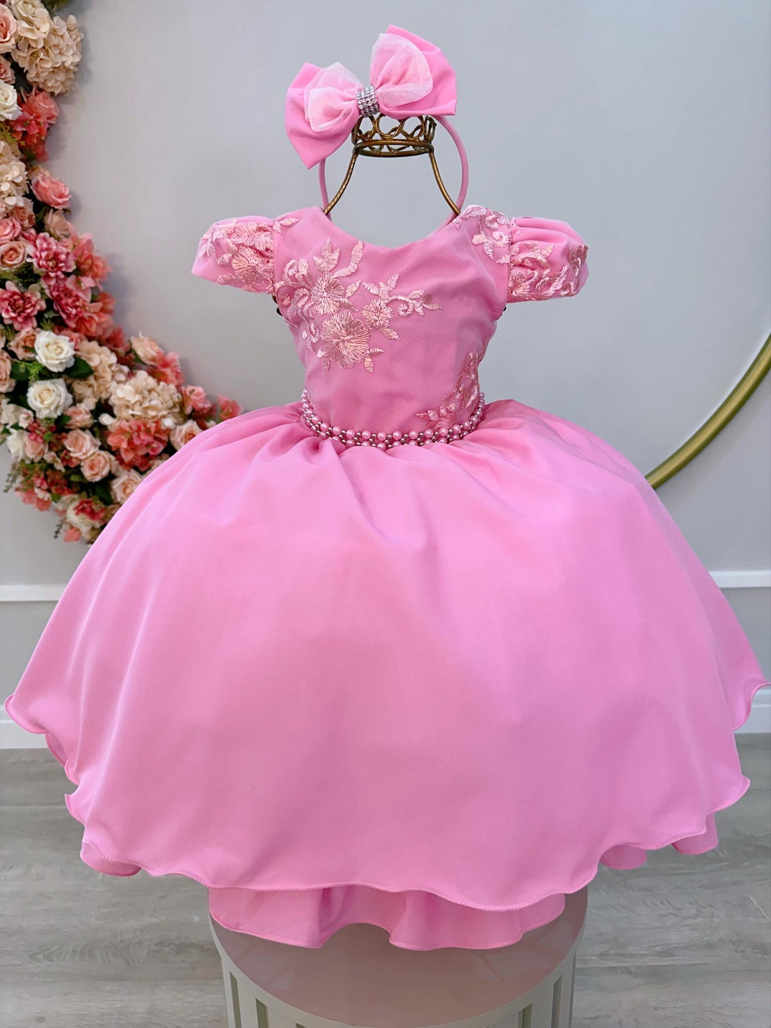 Vestido Infantil Rosa Chiclete Renda Damas C/ Pérolas Tiara