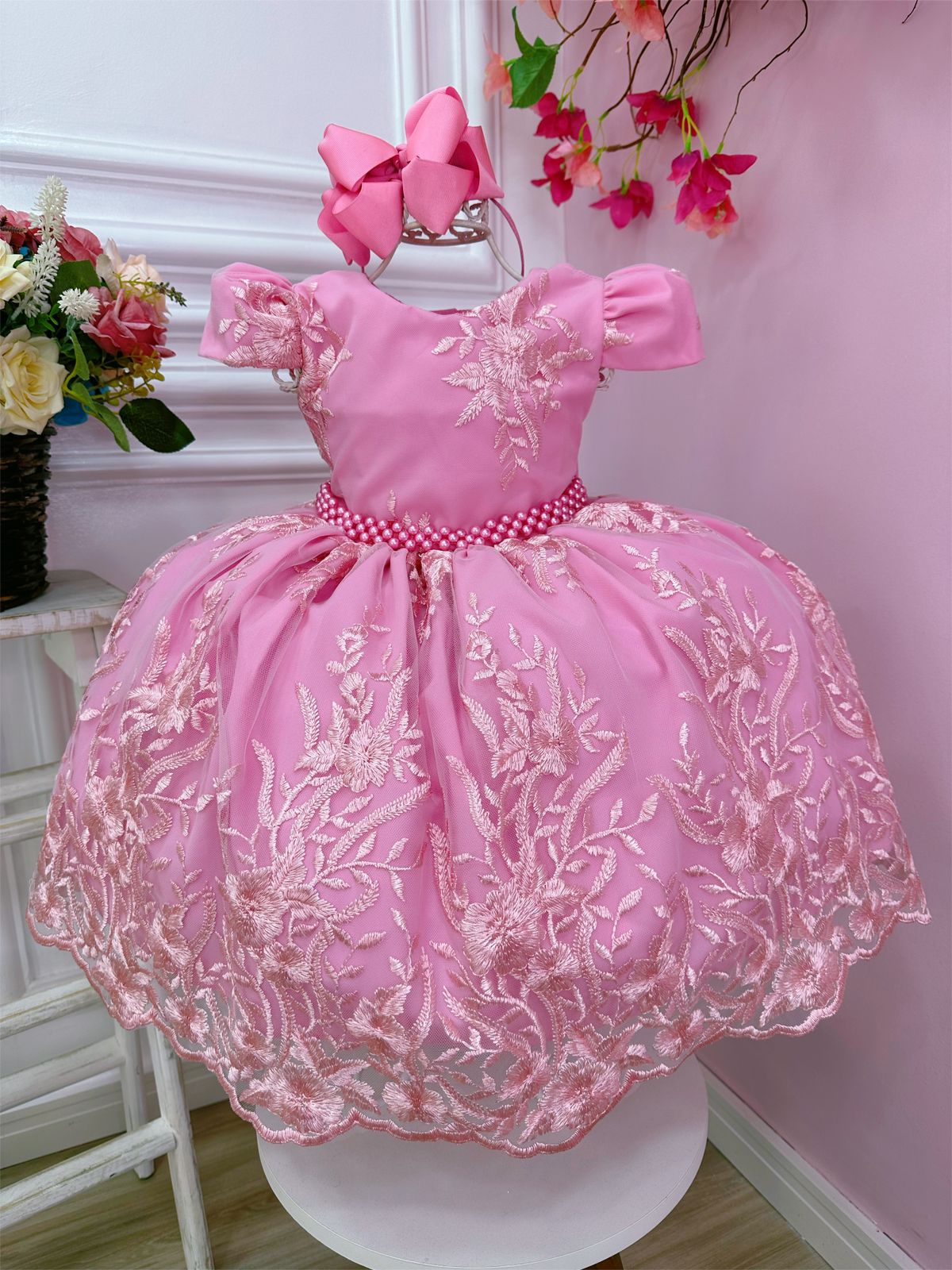 Vestido Infantil Rosa Chiclete Renda Realeza Cinto Pérolas