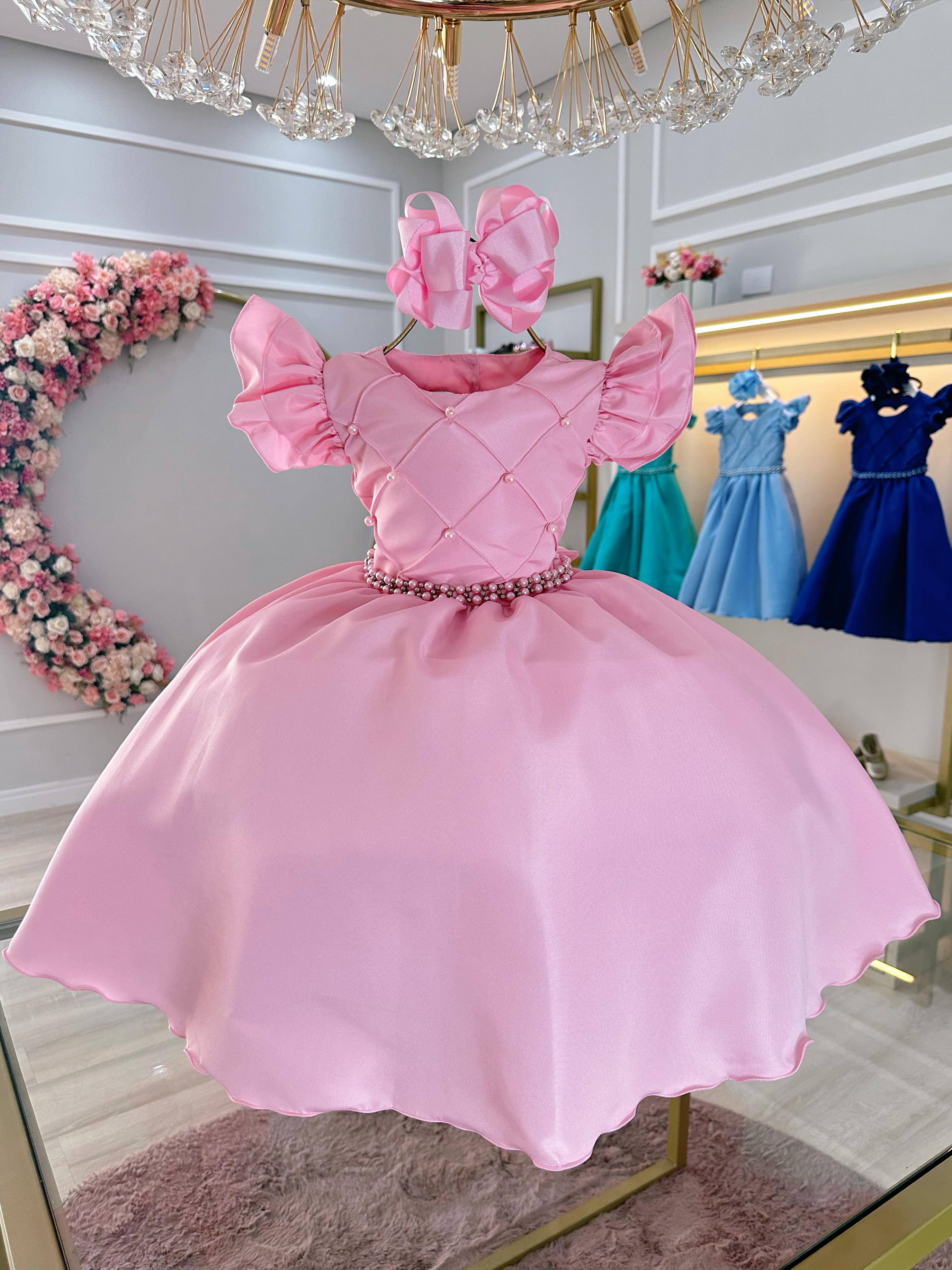 Vestido Infantil Rosa Claro Busto Nervura C/ Pérolas Festas