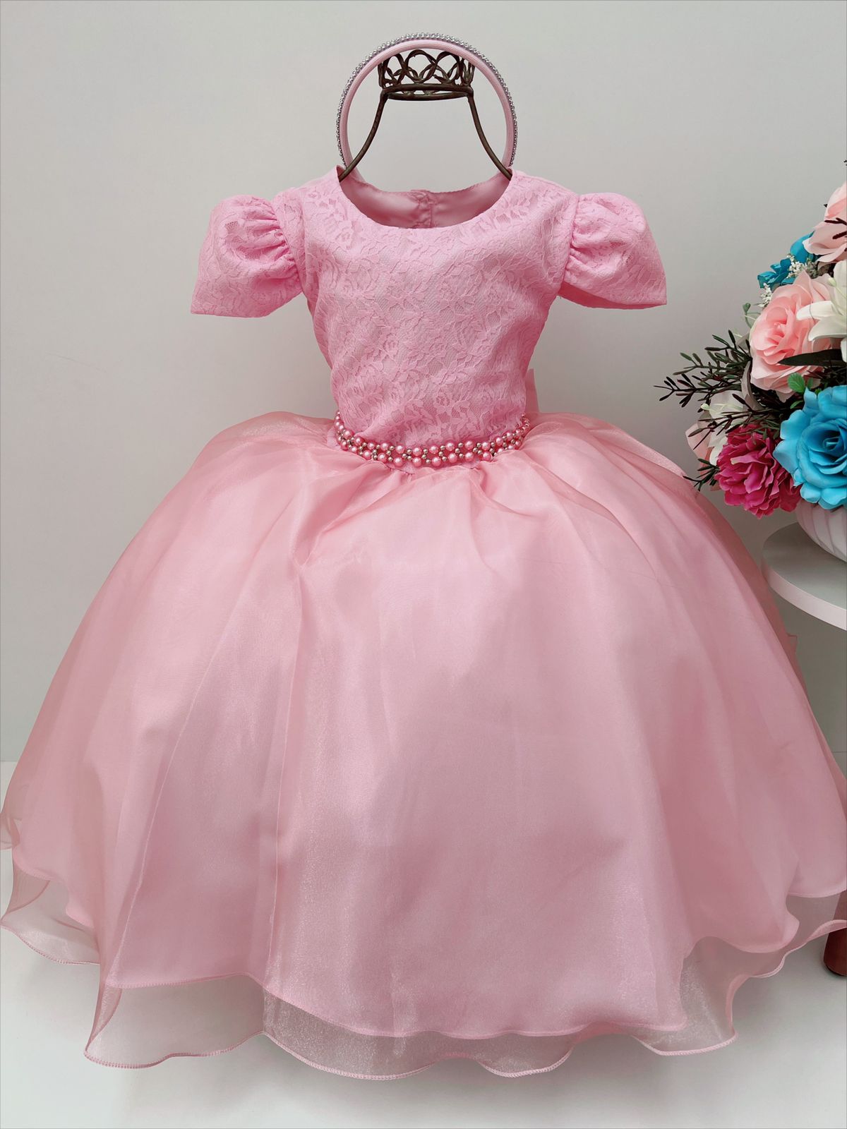 Vestido Infantil Rosa Claro Renda Cinto Pérolas C/ Tiara