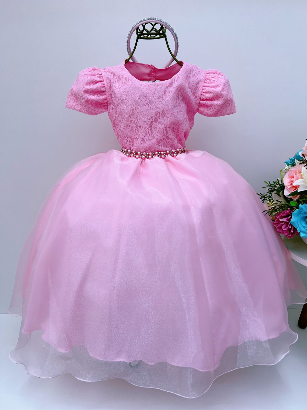 Vestido Infantil Rosa Claro Renda Cinto Pérolas Tiara
