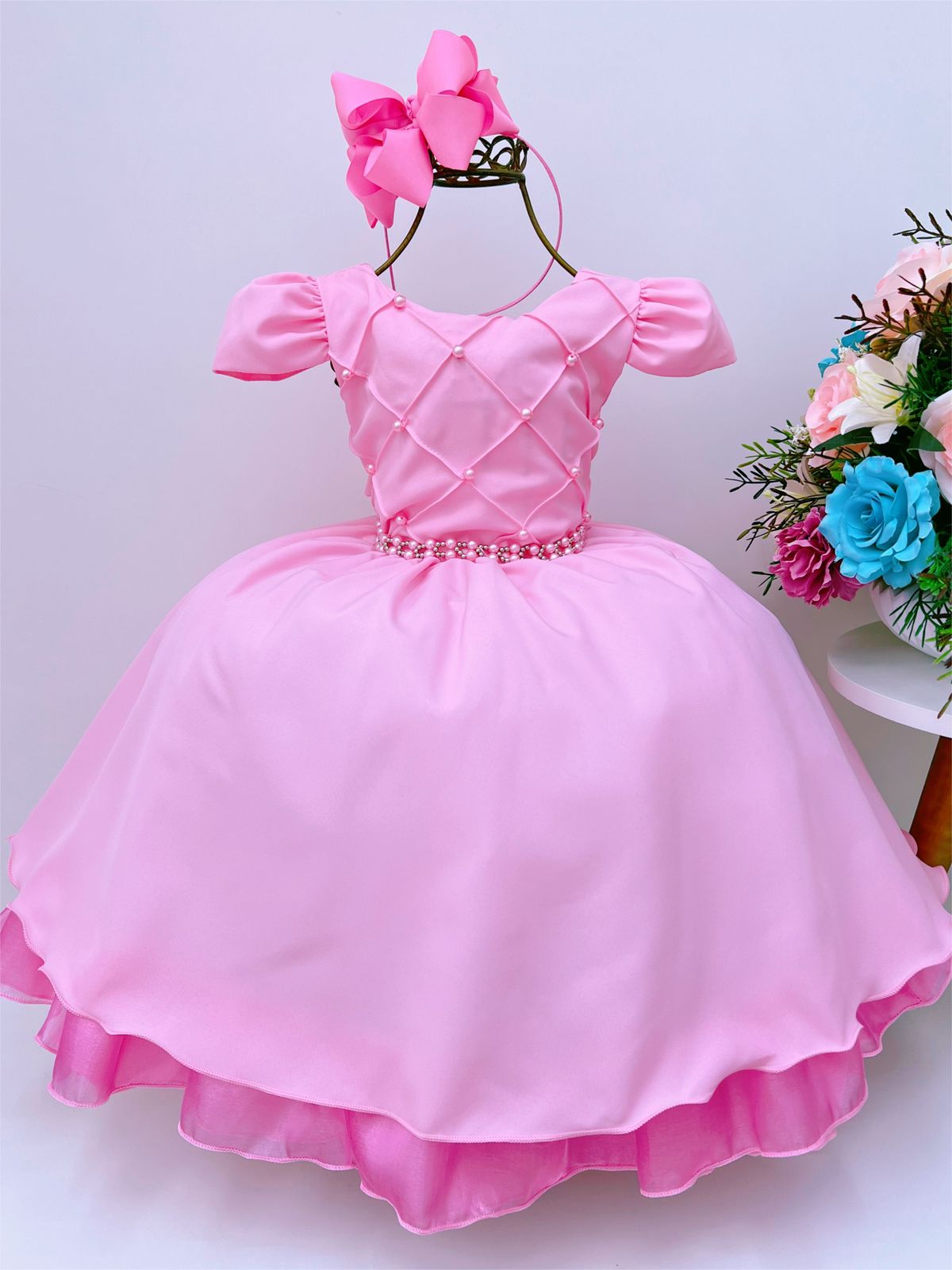 Vestido Infantil Rosa Com Cinto de Pérolas Casamento Luxo