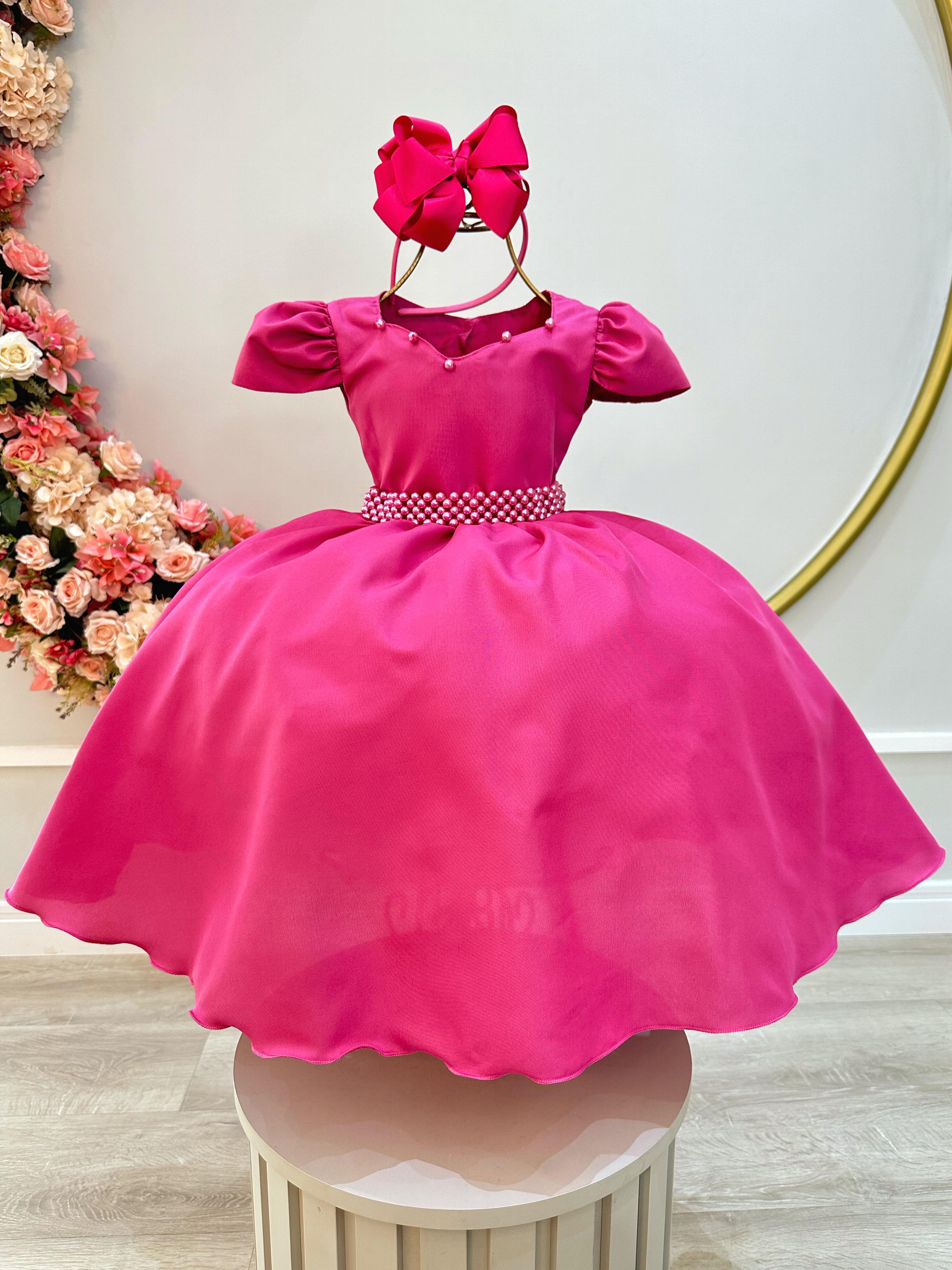 Vestido Infantil Rosa Escuro C/ Cinto de Pérolas Daminhas Luxo