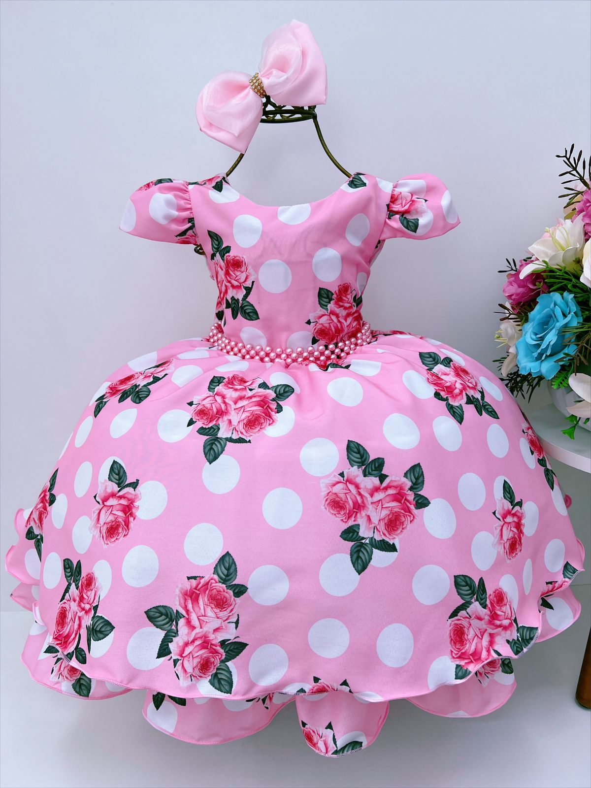Vestido Infantil Rosa Floral C/ Cinto Pérolas Casamento Luxo - Rosa ...