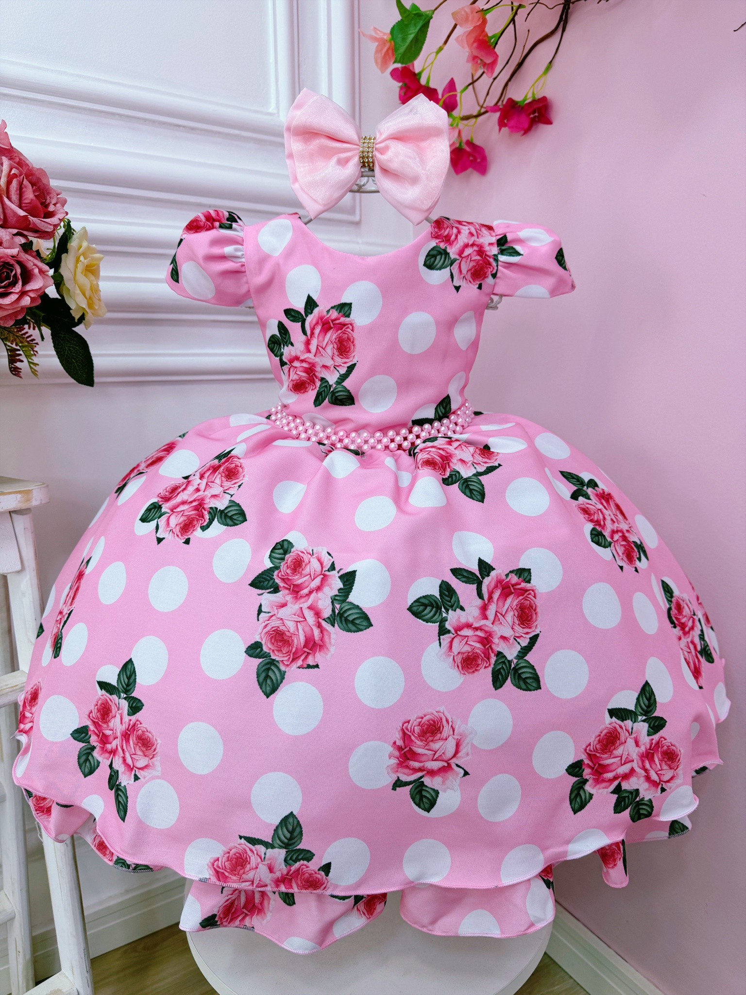 Vestido Infantil Rosa Floral C/ Cinto Pérolas Casamento Luxo