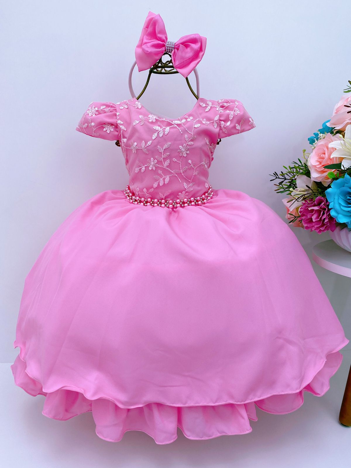 Vestido Infantil Rosa Renda Cinto Pérolas C/Tiara