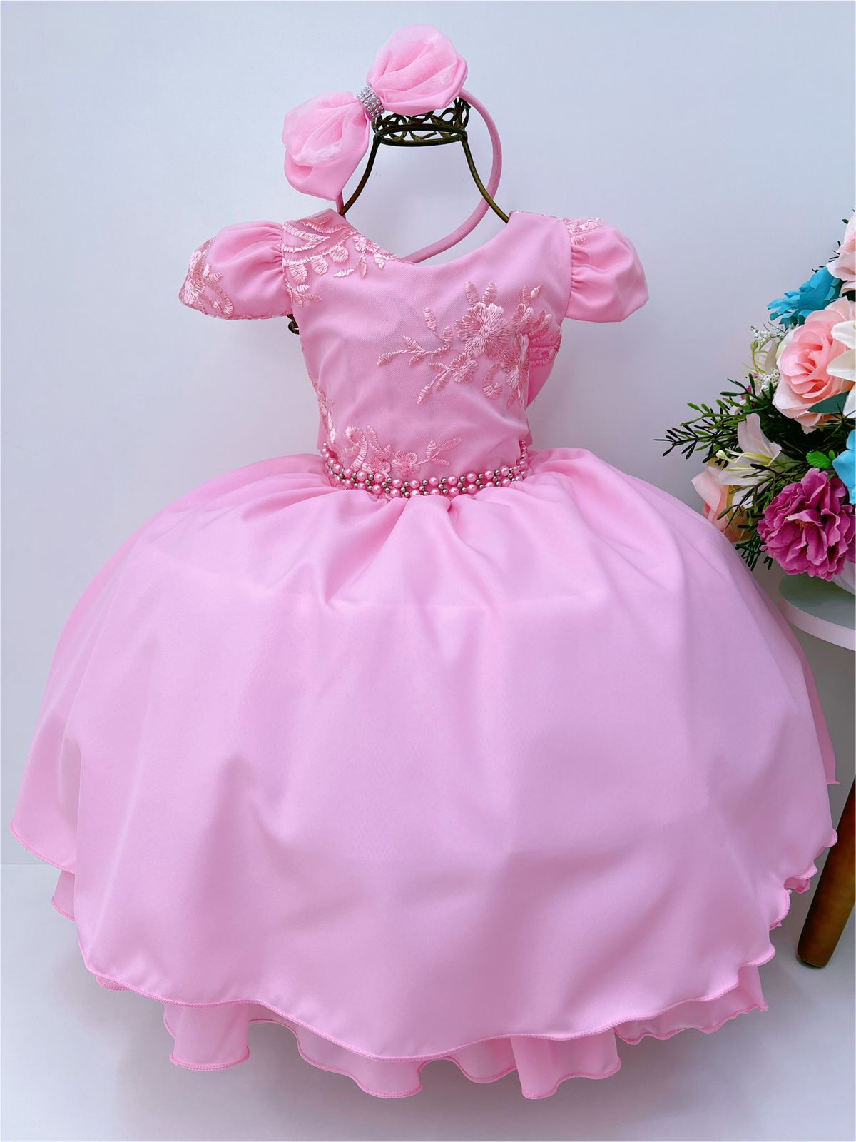 Vestido Infantil Rosa Renda Damas Cinto Pérolas e Tiara
