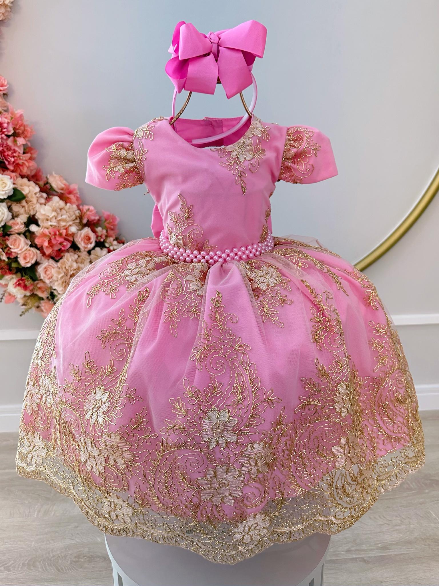 Vestido Infantil Rosa Renda Realeza Cinto de Pérolas Damas