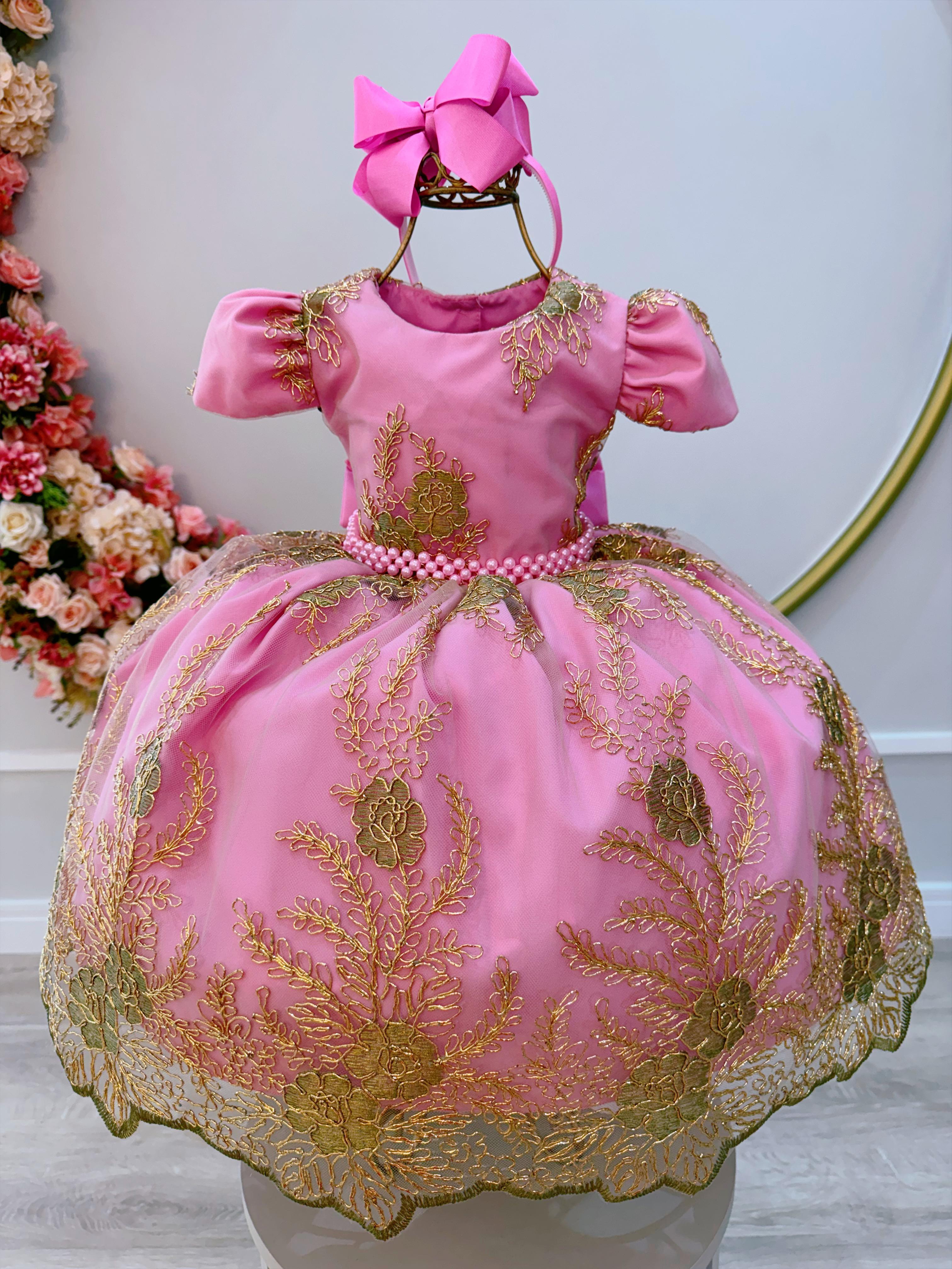 Vestido Infantil Rosa Renda Realeza Damas Cinto de Pérolas