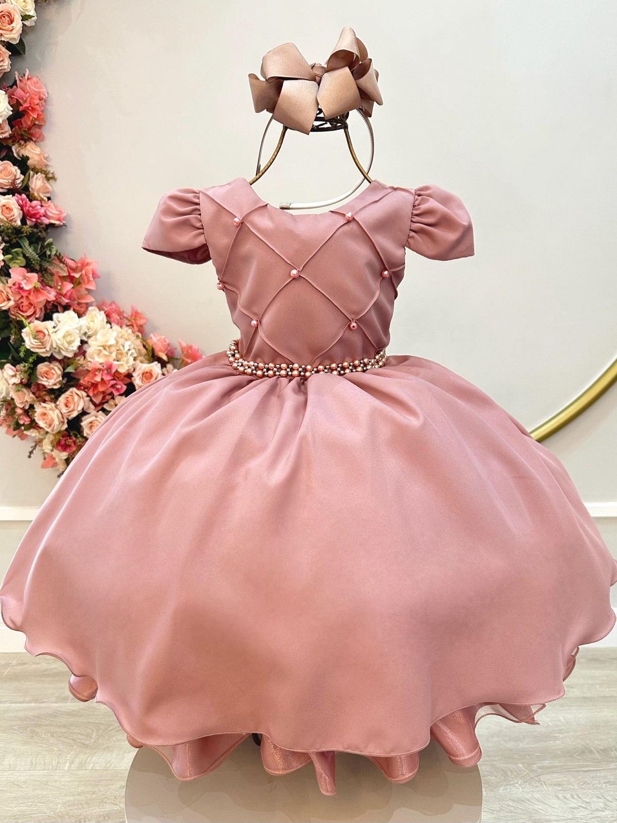 Vestido Infantil Rose Busto Nervura Daminhas Festas Luxo