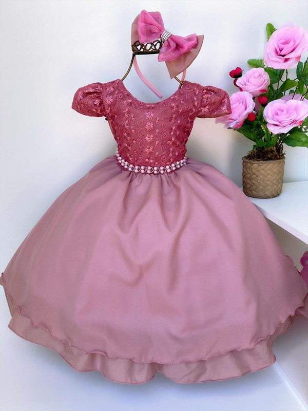 Vestido Infantil Rosê Renda Damas Cinto Pérolas C/ Tiara