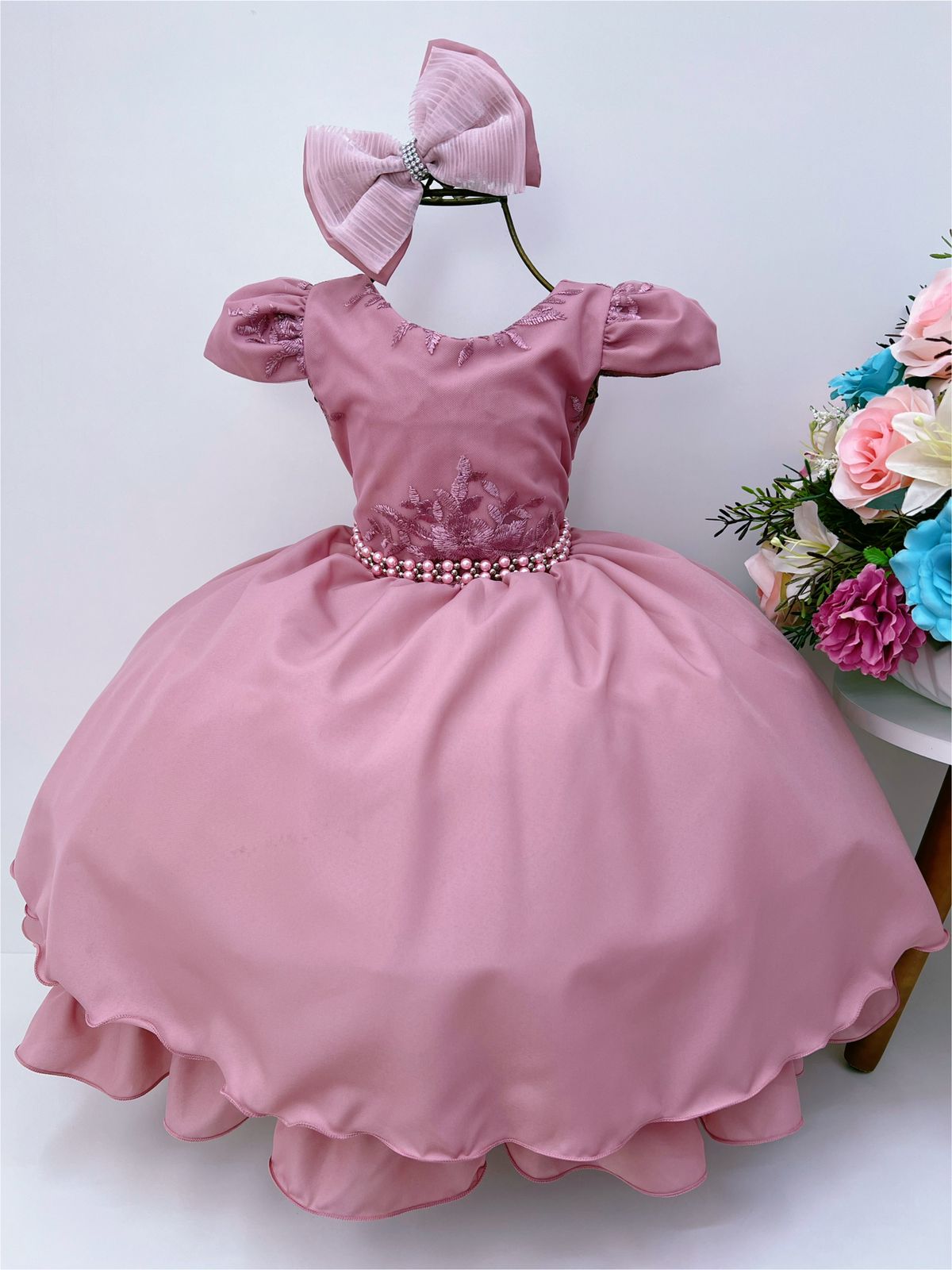 Vestido Infantil Rose Renda Damas Cinto Pérolas e Laço
