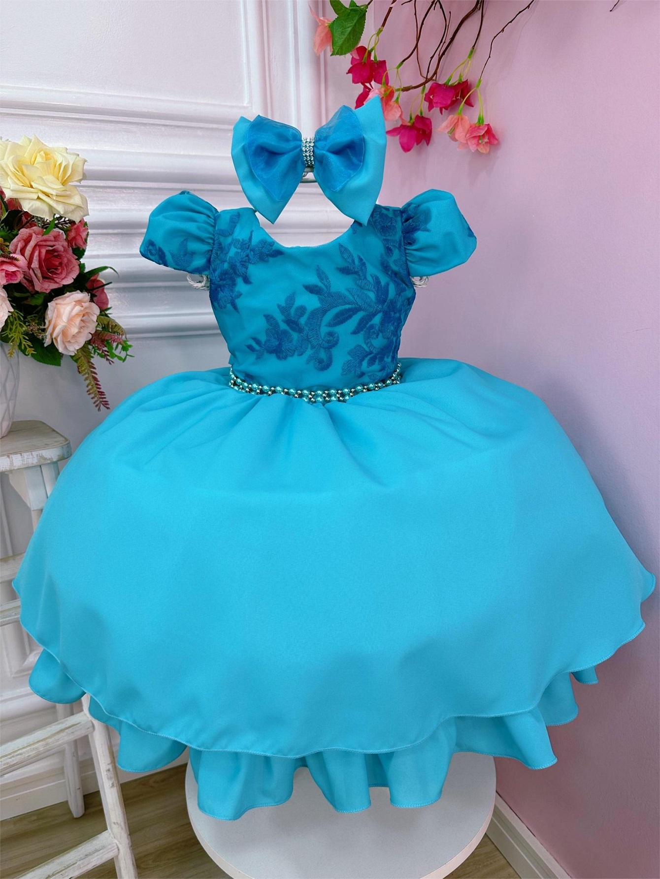 Vestido Infantil Verde C/ Renda Laço e Cinto Pérolas