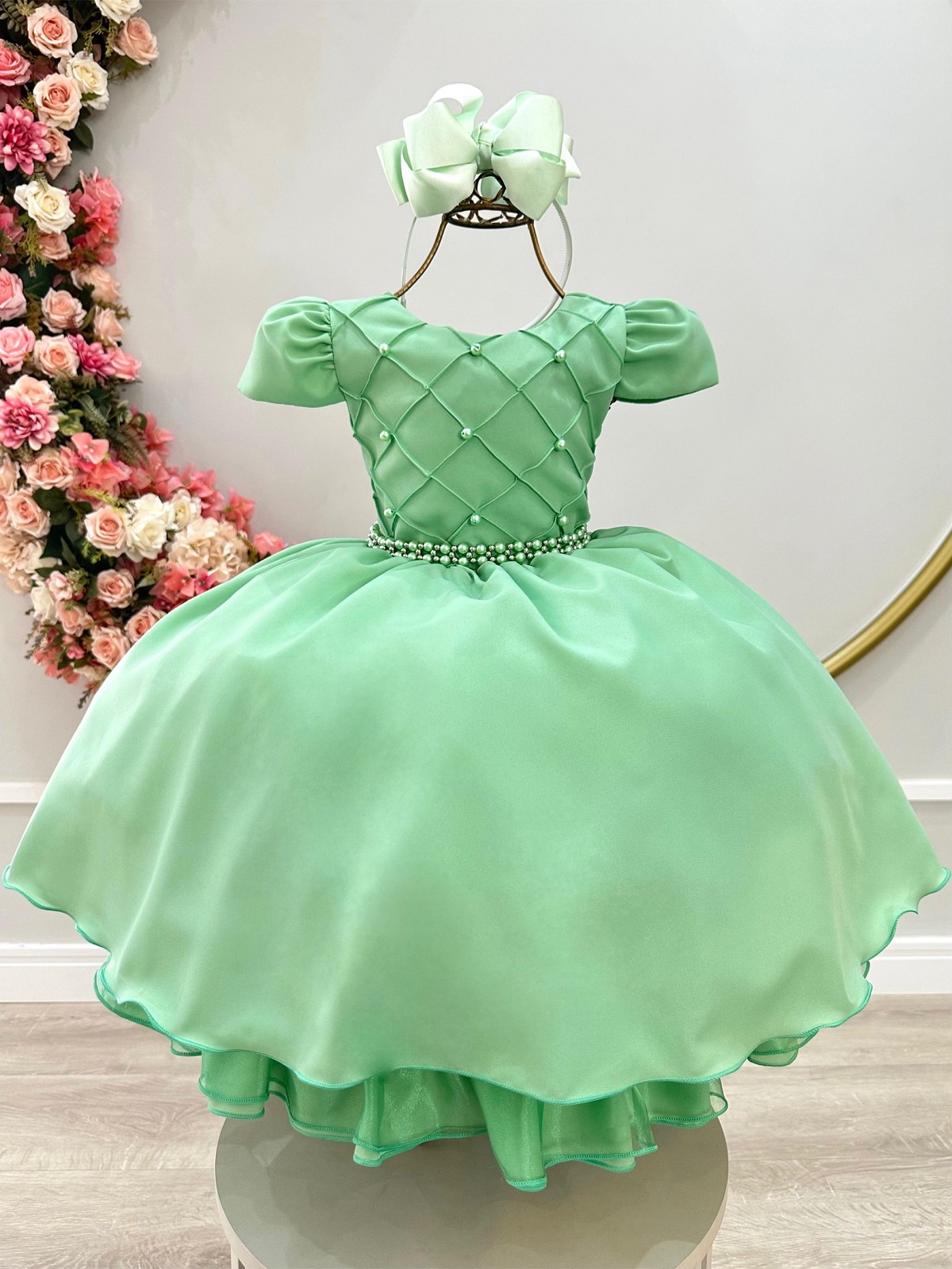 Vestido Infantil Verde Cinto de Pérolas Casamento Luxo