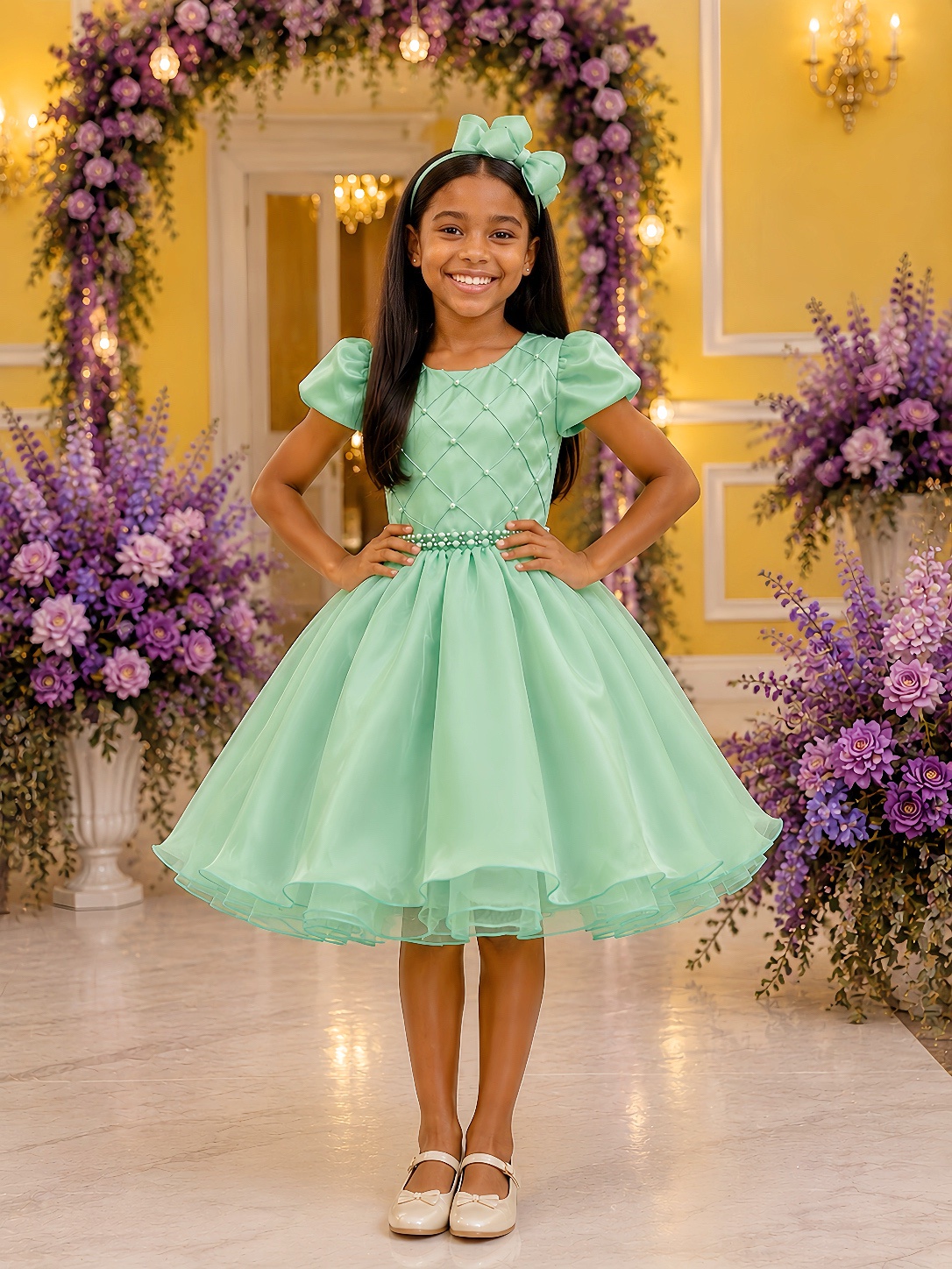 Vestido Infantil Verde Cinto de Pérolas Casamento Luxo