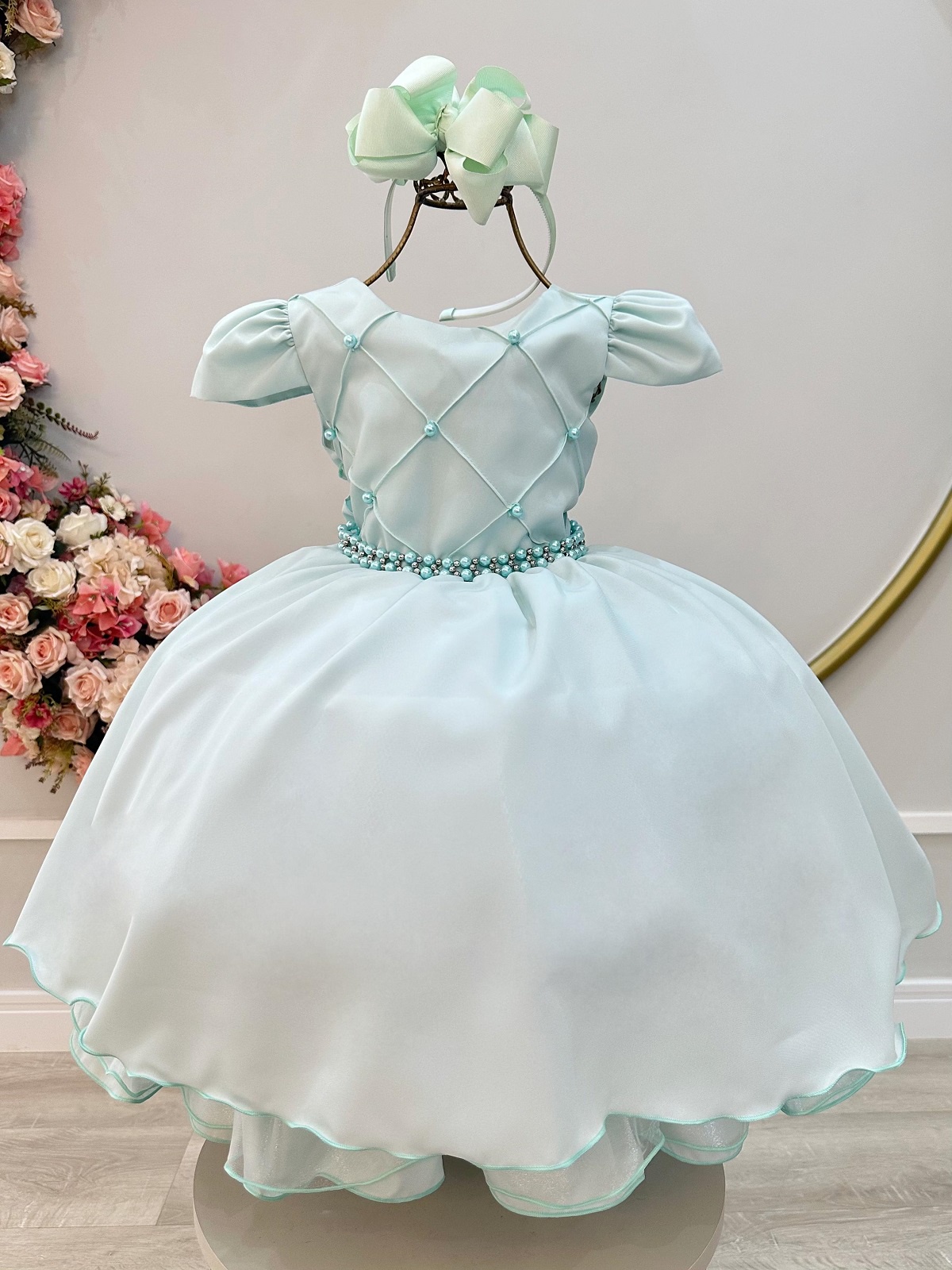 Vestido Infantil Verde Claro Cinto de Pérolas Casamentos