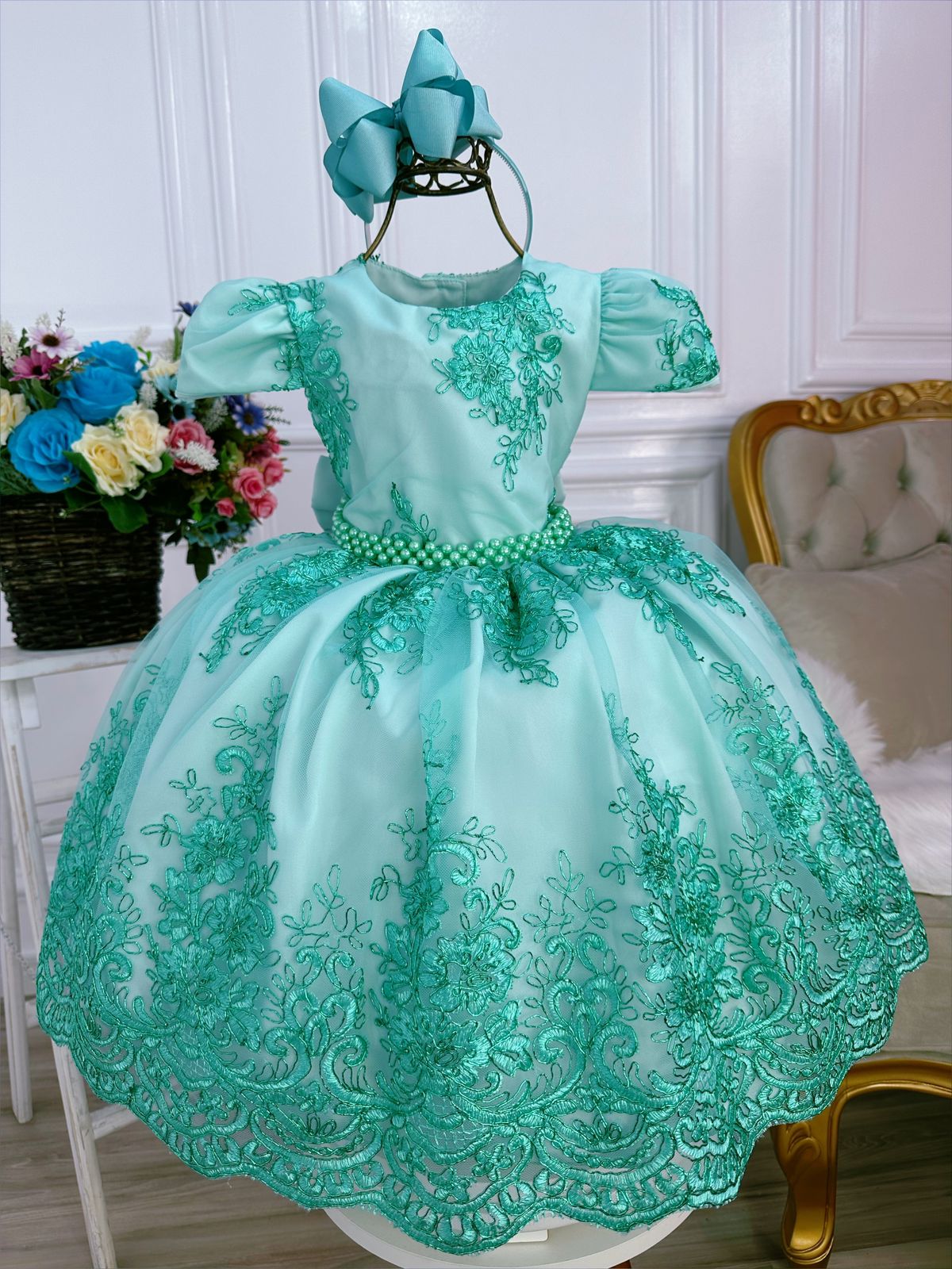 Vestido Infantil Verde Renda Realeza Cinto de Pérolas Luxo