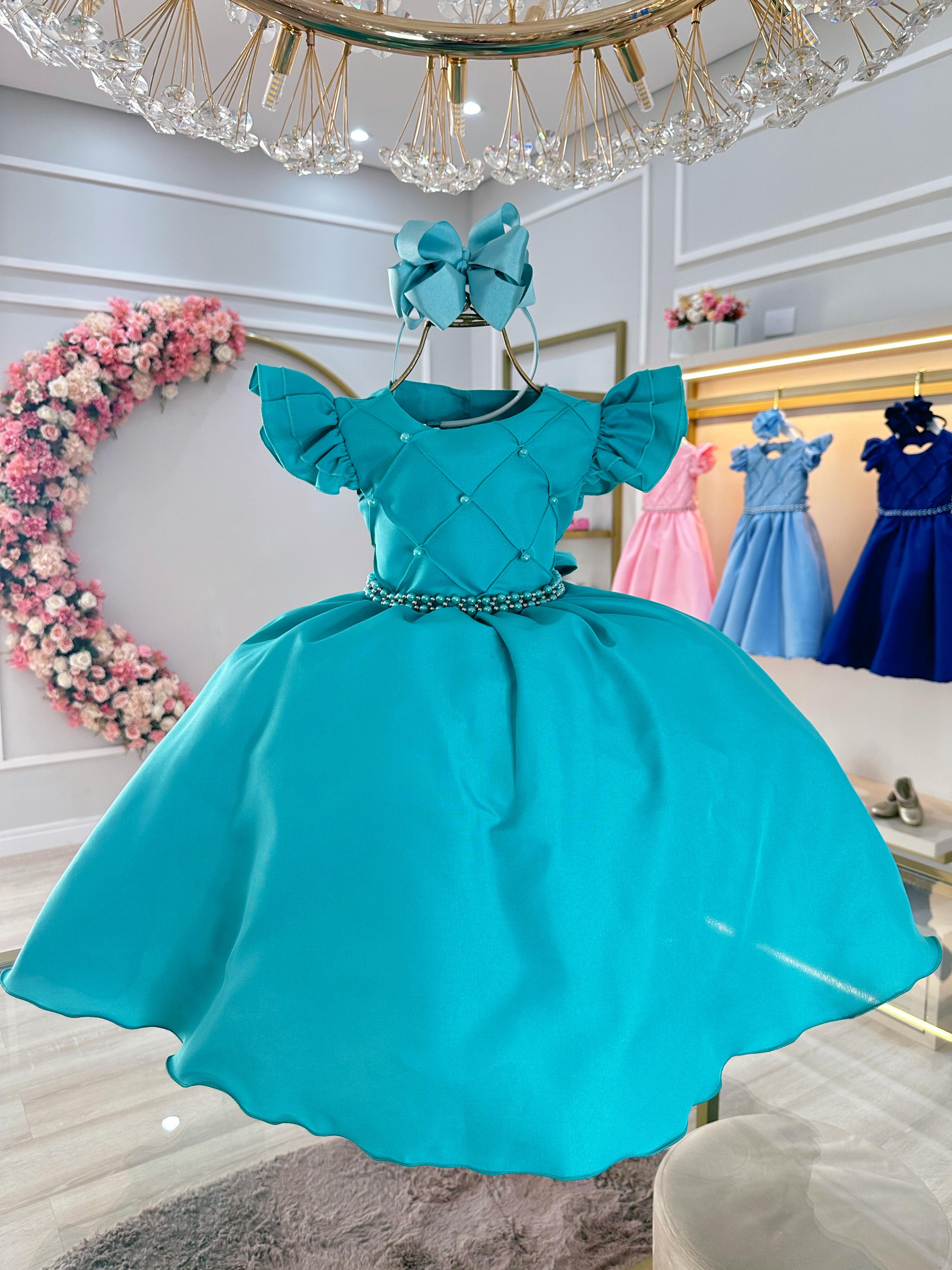 Vestido Infantil Verde Tiffany Busto Nervura Pérolas Festas