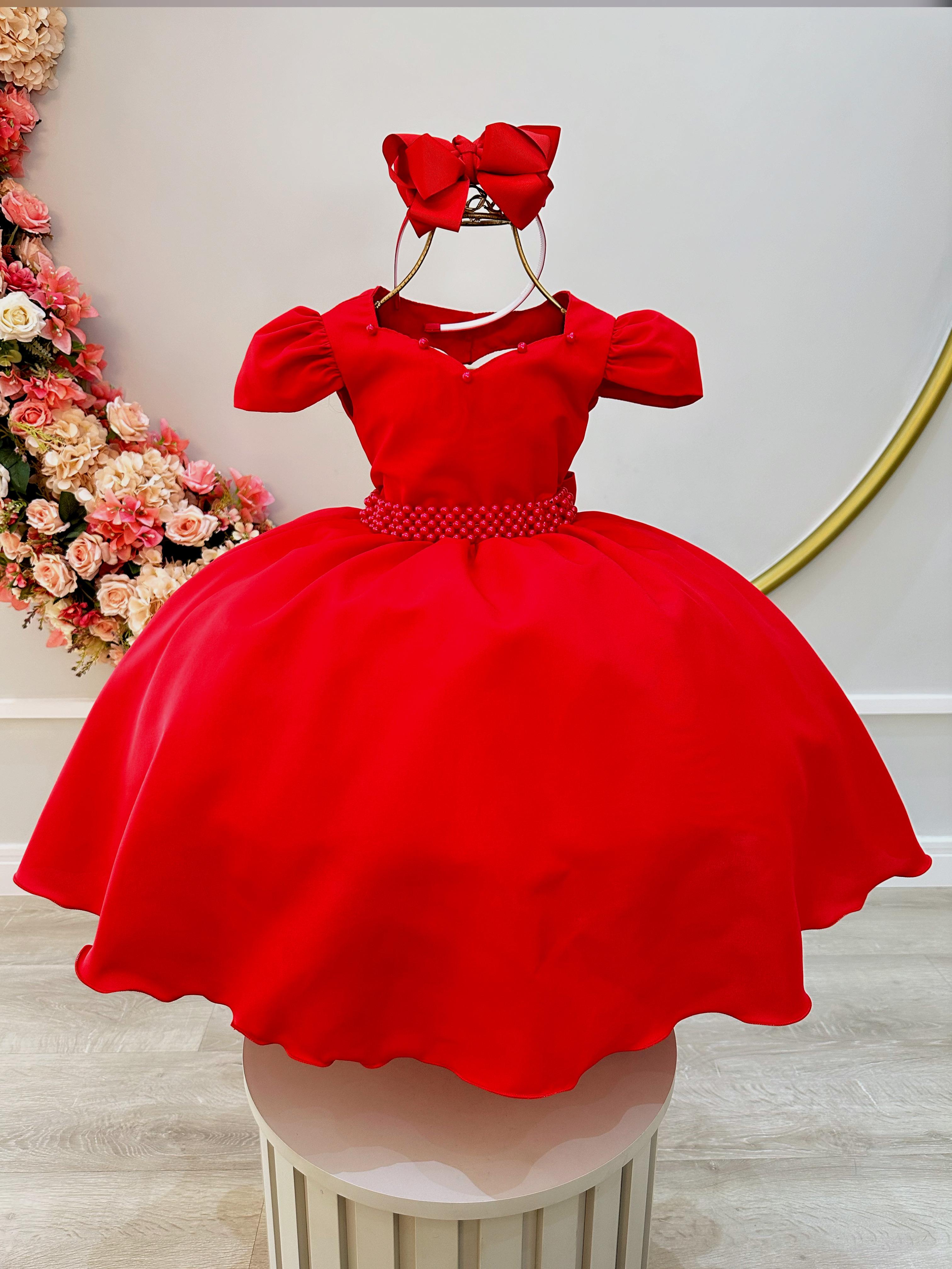 Vestido Infantil Vermelho C/ Cinto de Pérolas Daminhas Luxo