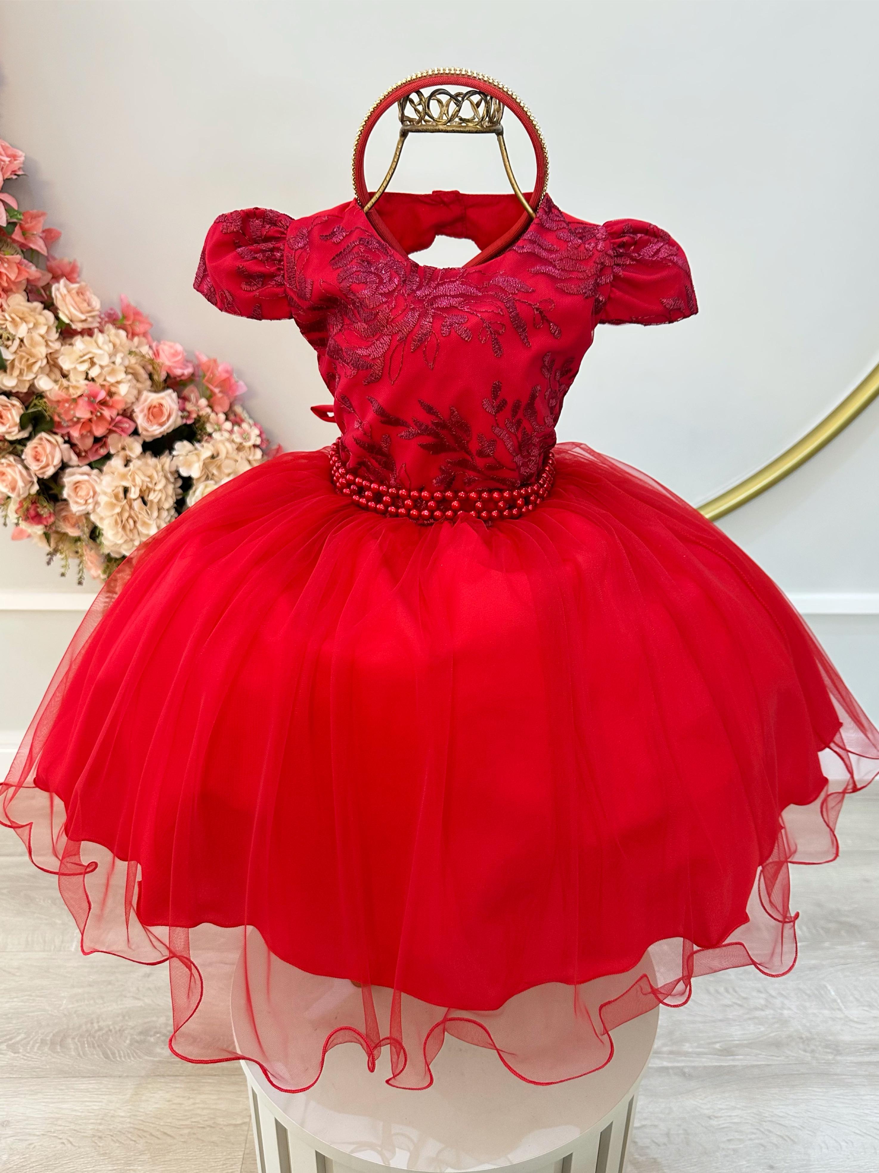 Vestido Infantil Vermelho C/Renda Cinto de Pérolas e Tiara