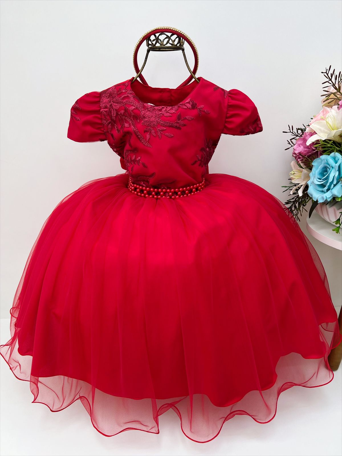 Vestido Infantil Vermelho C/ Renda Cinto Pérolas Tiara Luxo