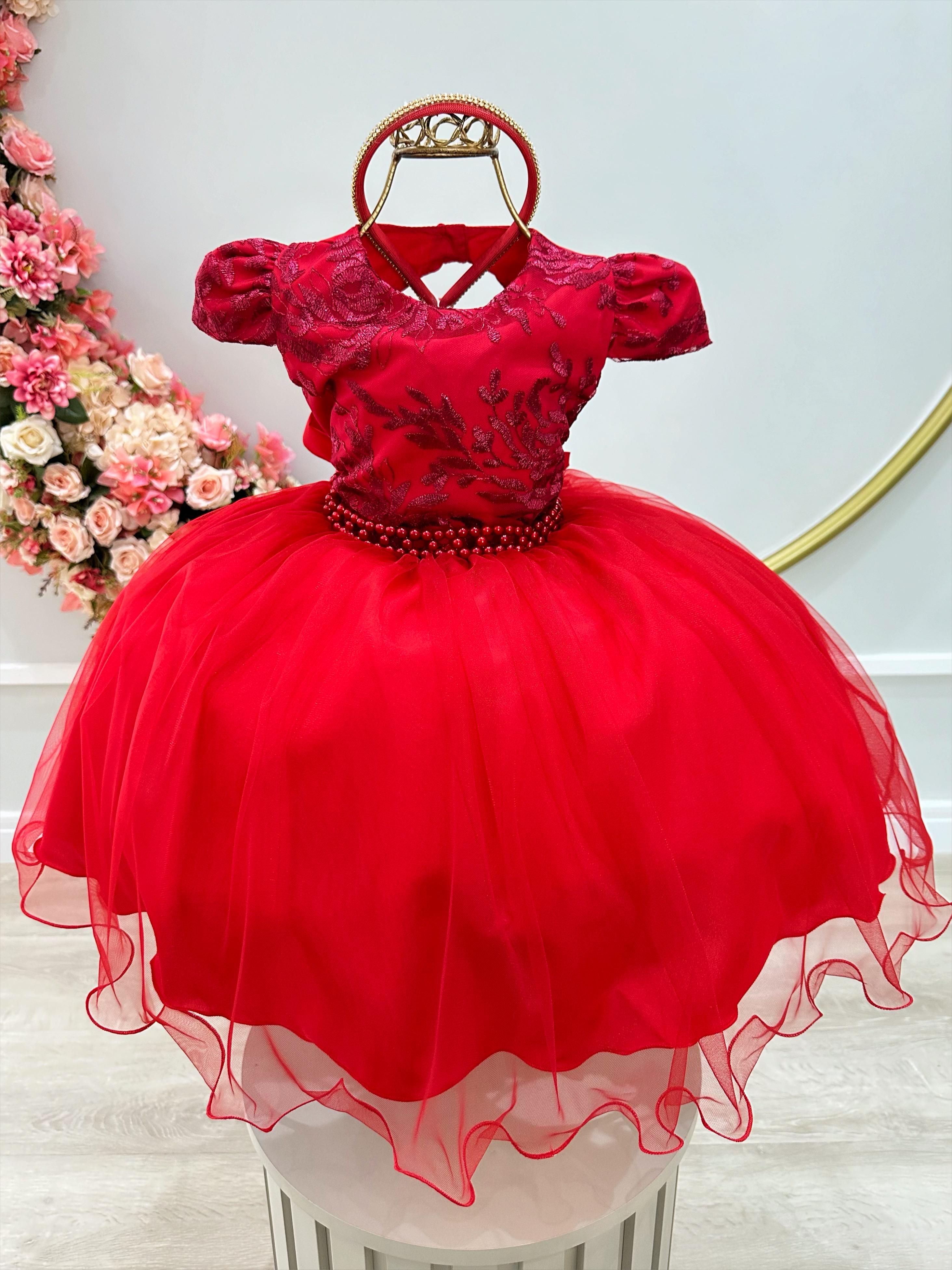 Vestido Infantil Vermelho C/ Renda Cinto Pérolas Tiara Luxo