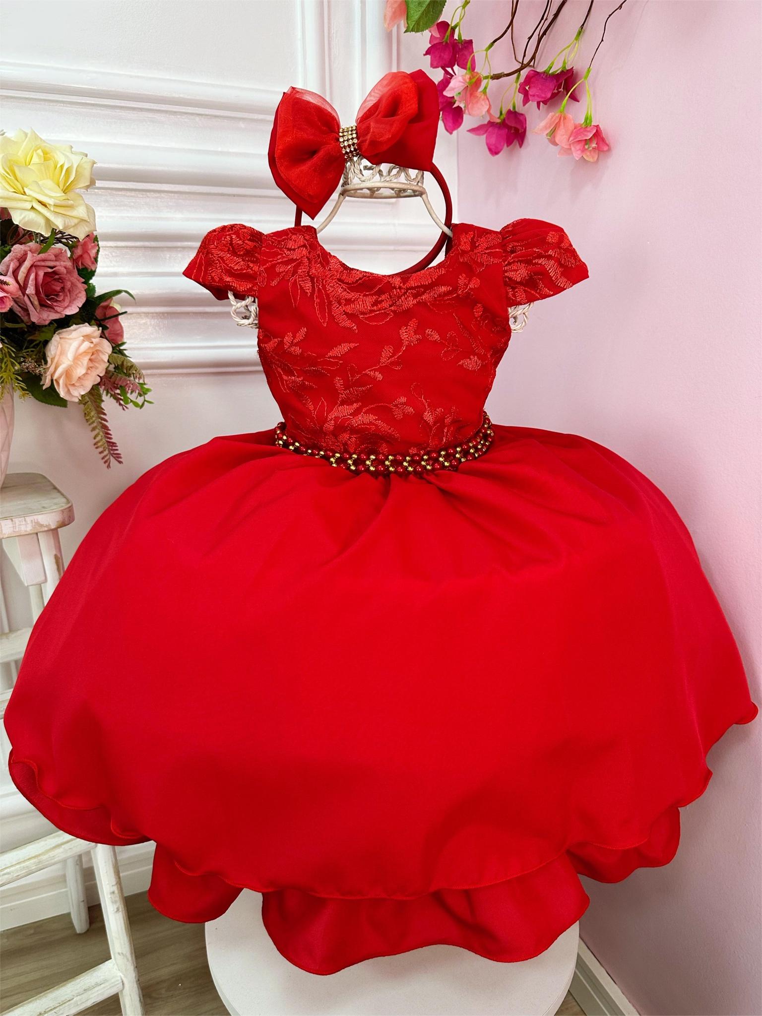 Vestido Infantil Vermelho C/ Renda Tiara e Cinto de Pérolas