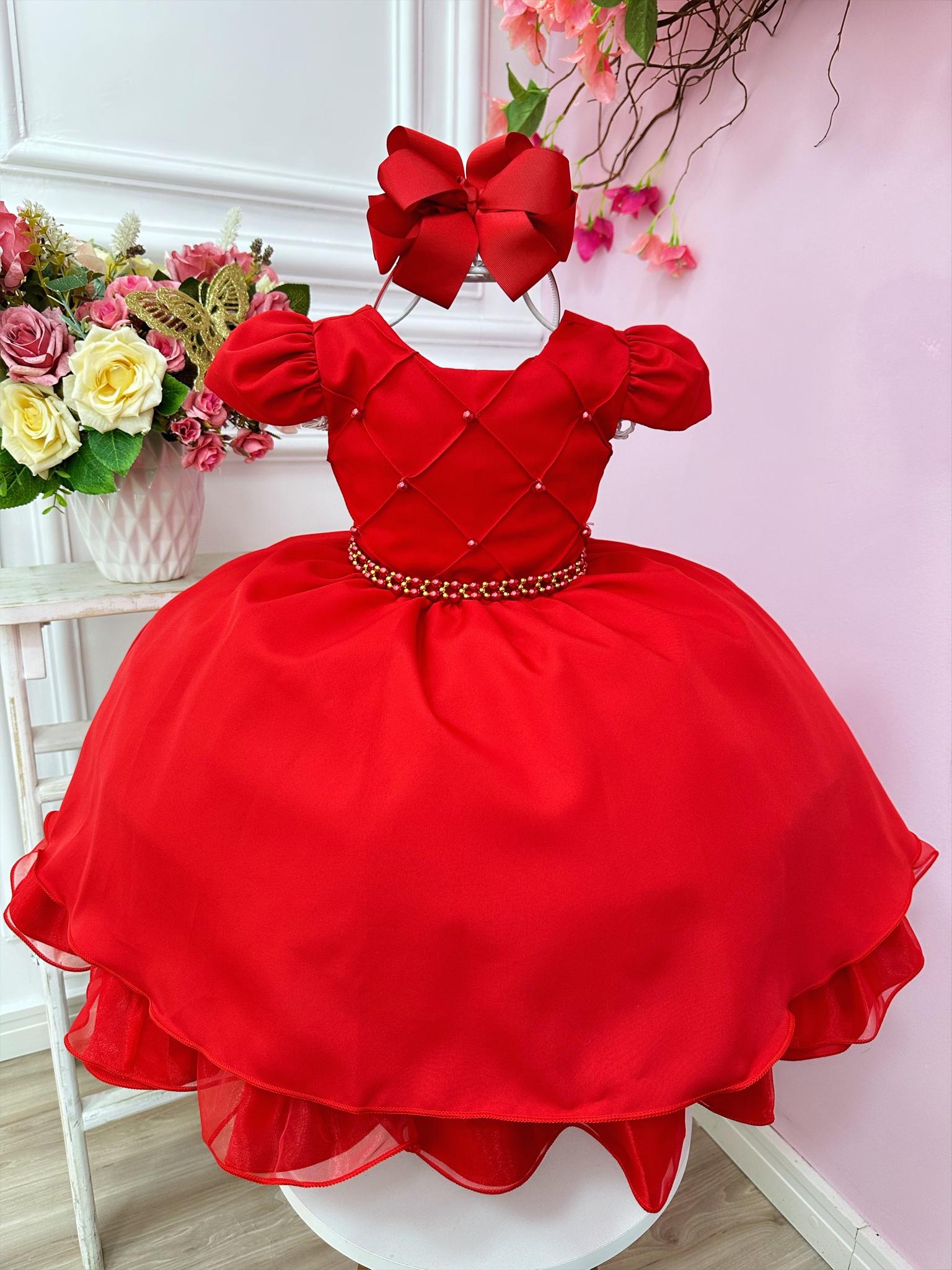 Vestido Infantil Vermelho Cinto de Pérolas Casamento Festa
