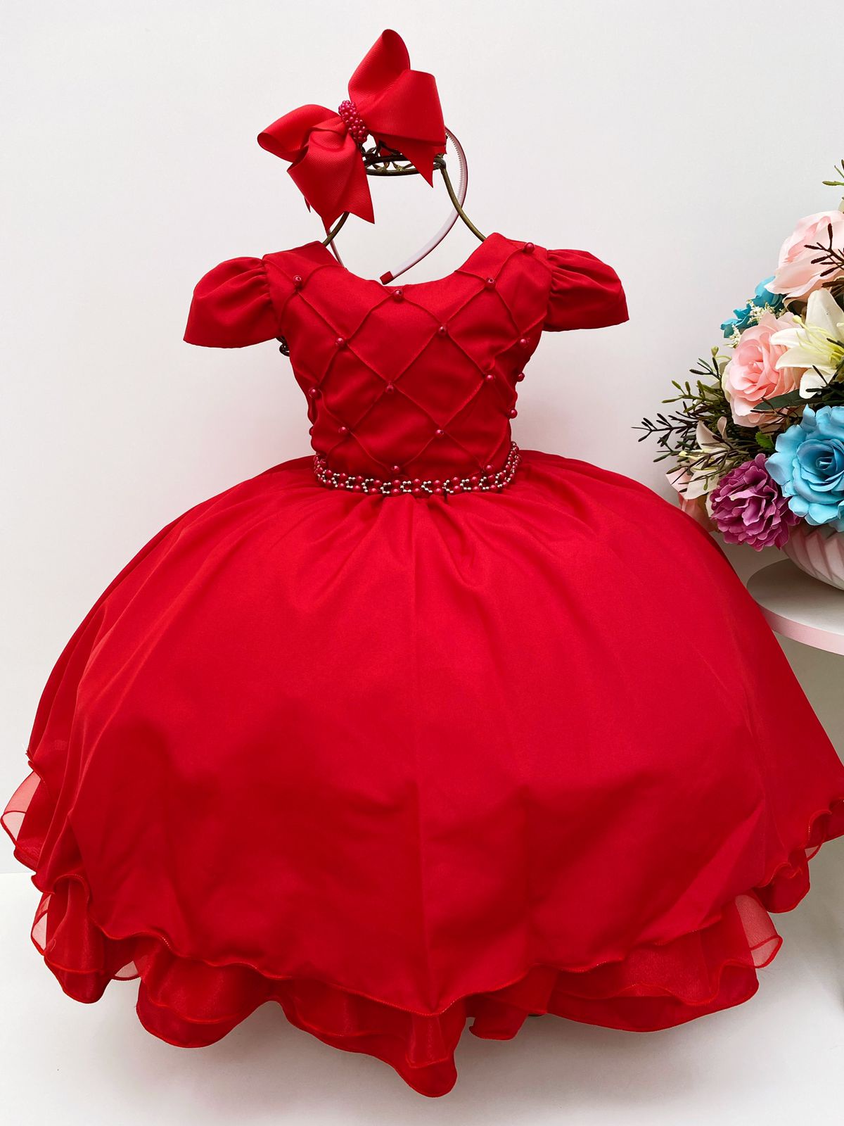 Vestido Infantil Vermelho Cinto de Pérolas Casamento Luxo