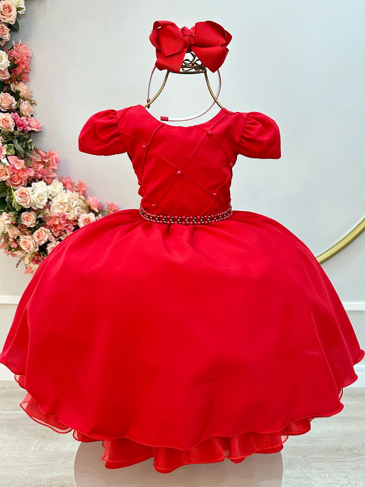 Vestido Infantil Vermelho Cinto de Pérolas Casamento Luxo