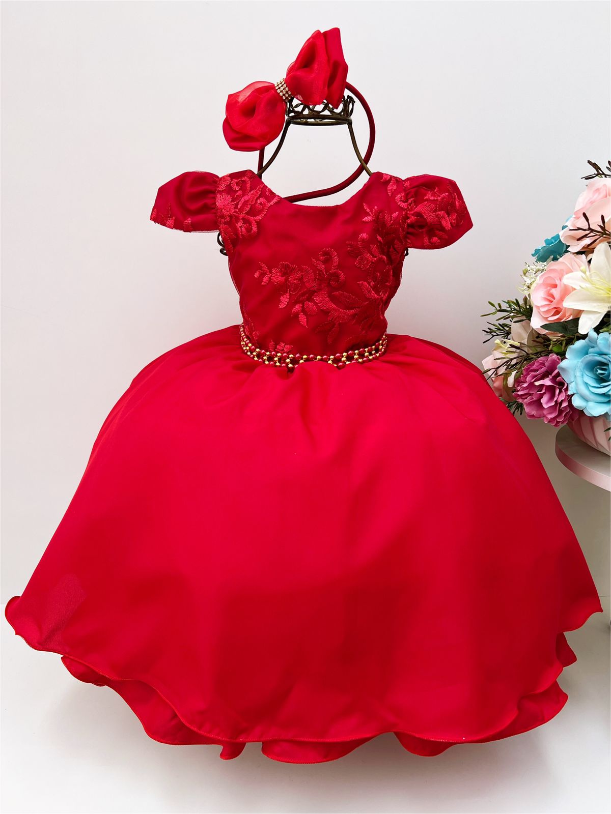 Vestido Infantil Vermelho Renda C/ Cinto de Pérolas C/Tiara