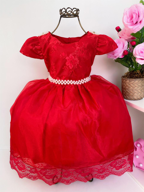 Vestido Infantil Vermelho Rendado Cinto Pérolas Babado Renda