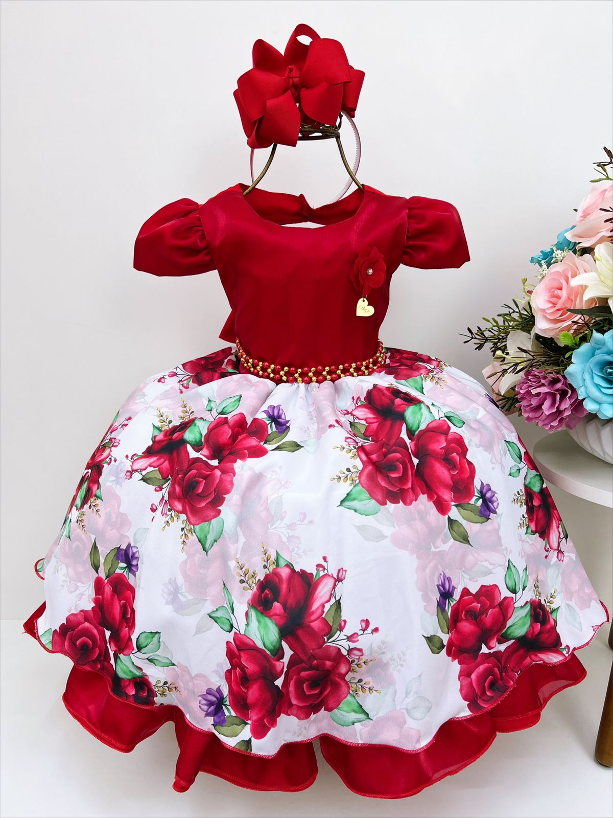 Vestido Vermelho Marsala Aplique Flor Rosas e Cinto Pérolas