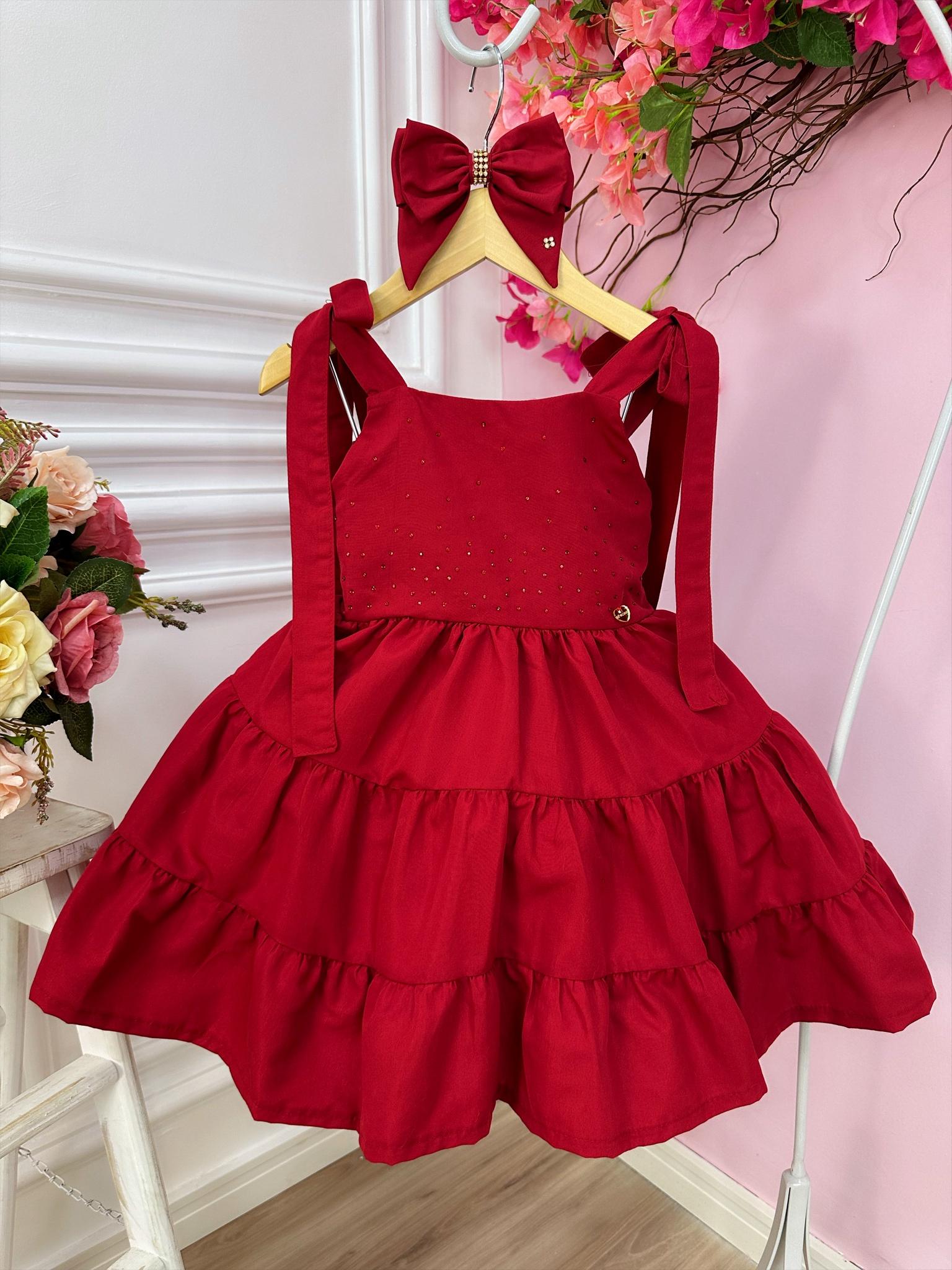 Vestido infantil Vermelho Escuro Strass no Busto e Laço Damas