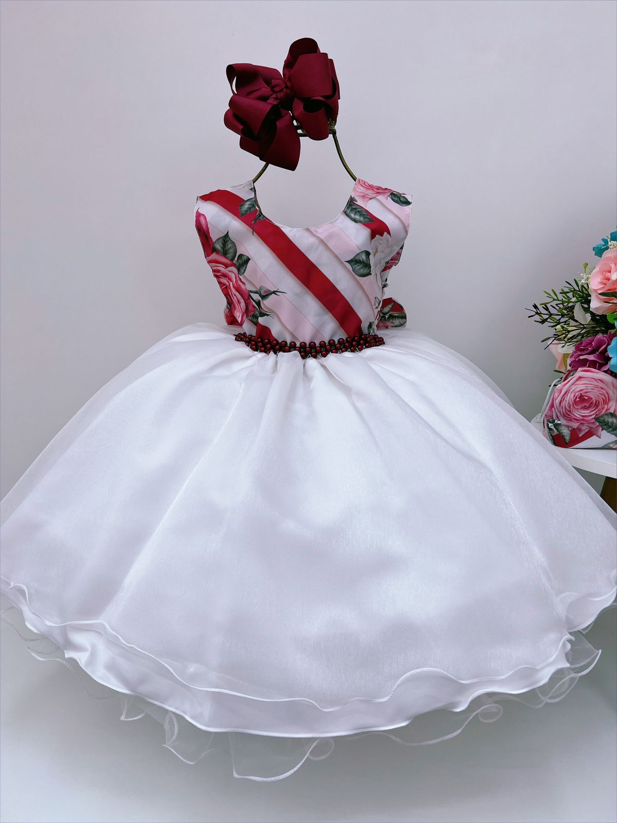 Vestido Infantil Floral Off Cinto Pérolas Festas Daminhas