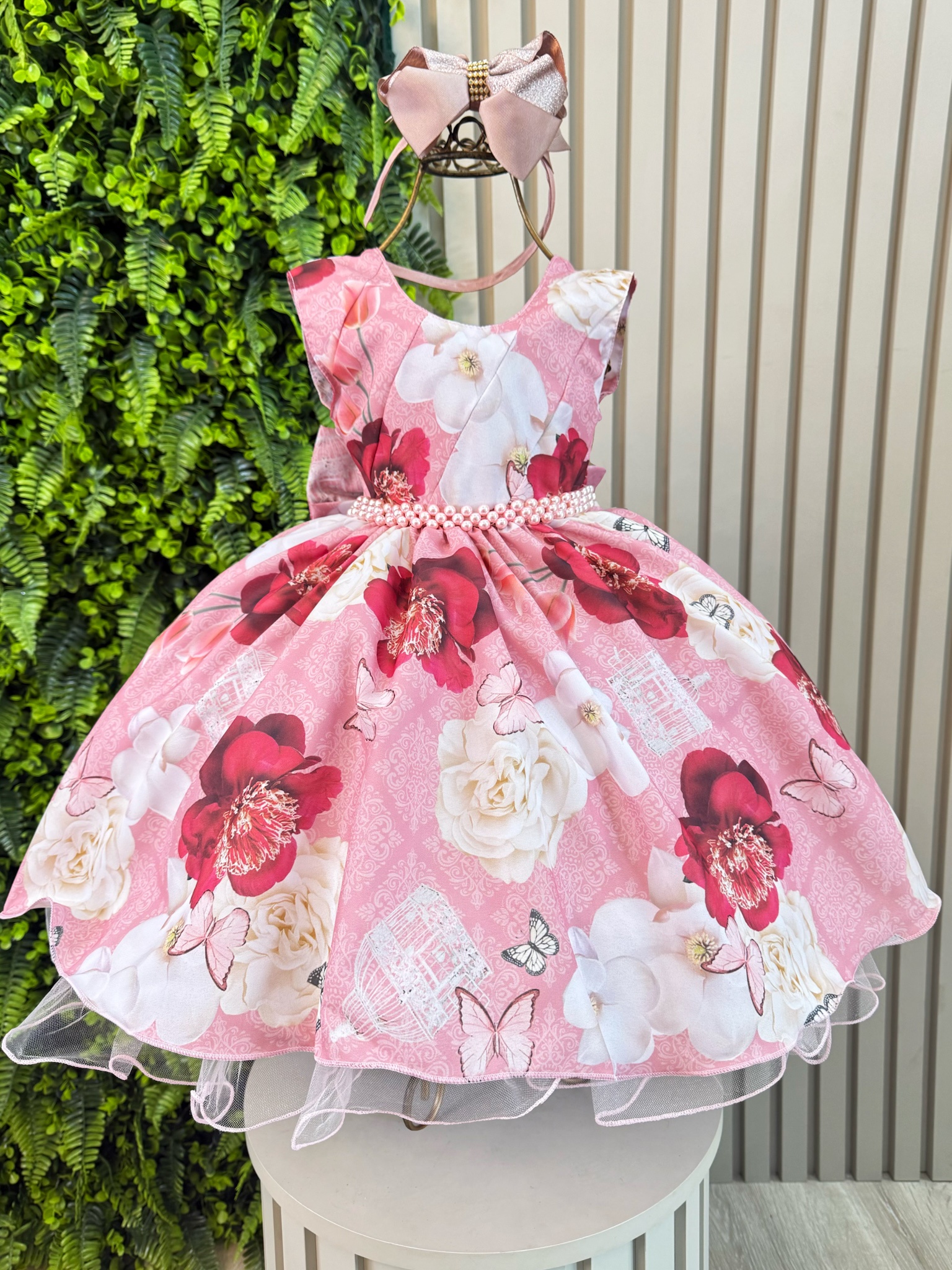 Vestido Infantil Rose Jardim das Borboletas e Pérolas Luxo