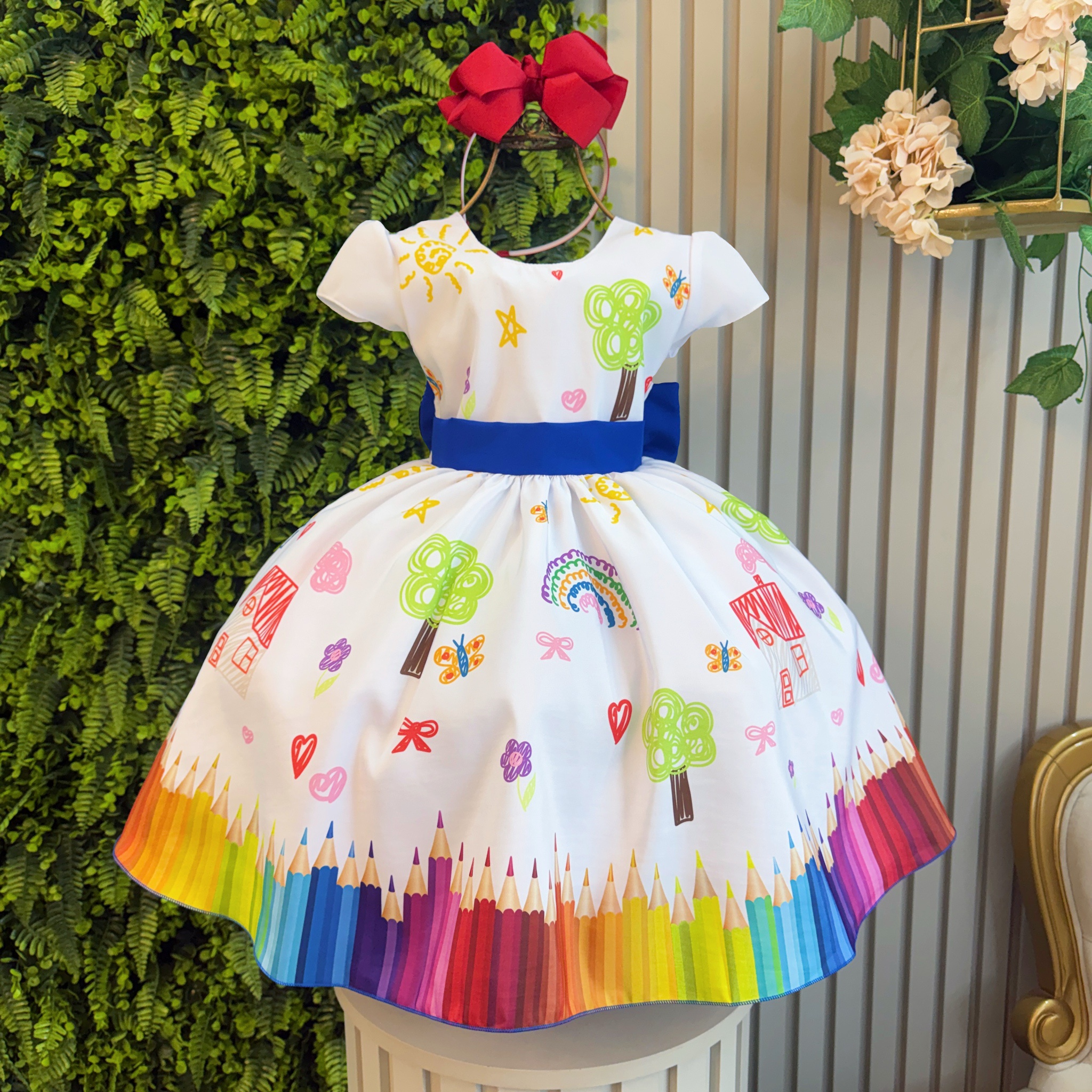 Vestido Infantil Aquarela Branco C/ Manga Festas e Formaturas