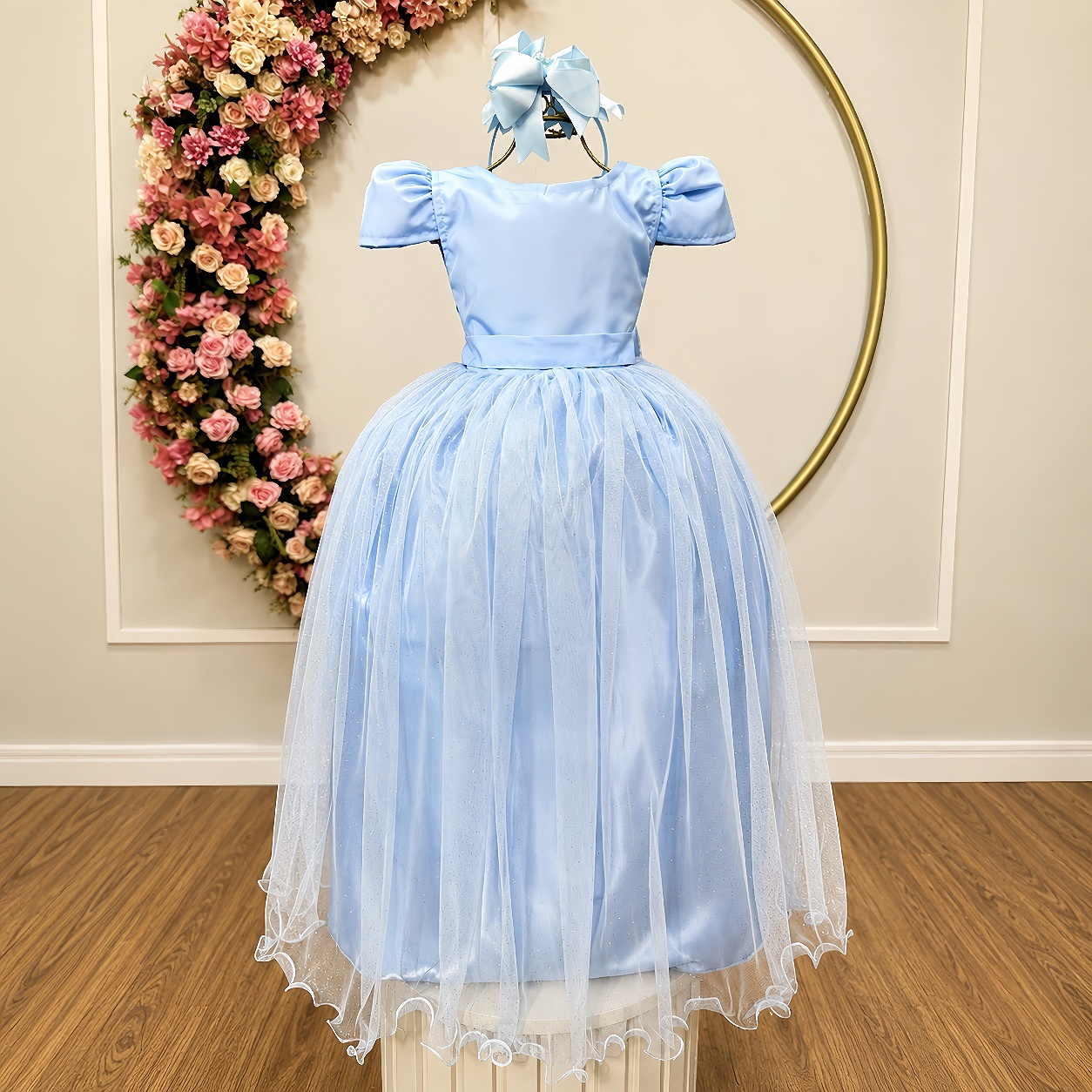 Vestido Infantil Azul Bebe Longo de Princesa Brilhante e Mangas