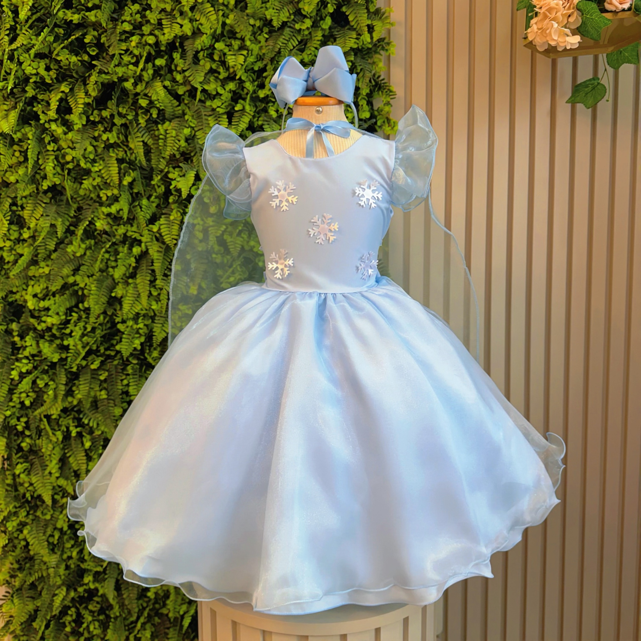 Vestido Infantil Azul Frozen Com Capa Anna Elza Festas Luxo